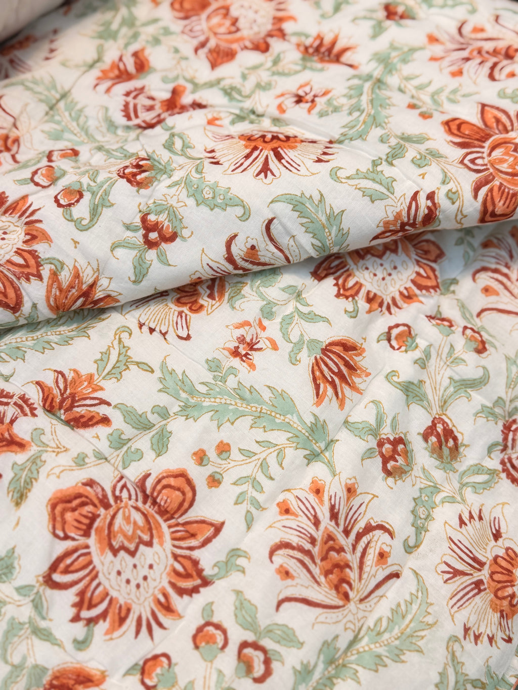Hand Block Jaipuri Rajai Orange Floral Print
