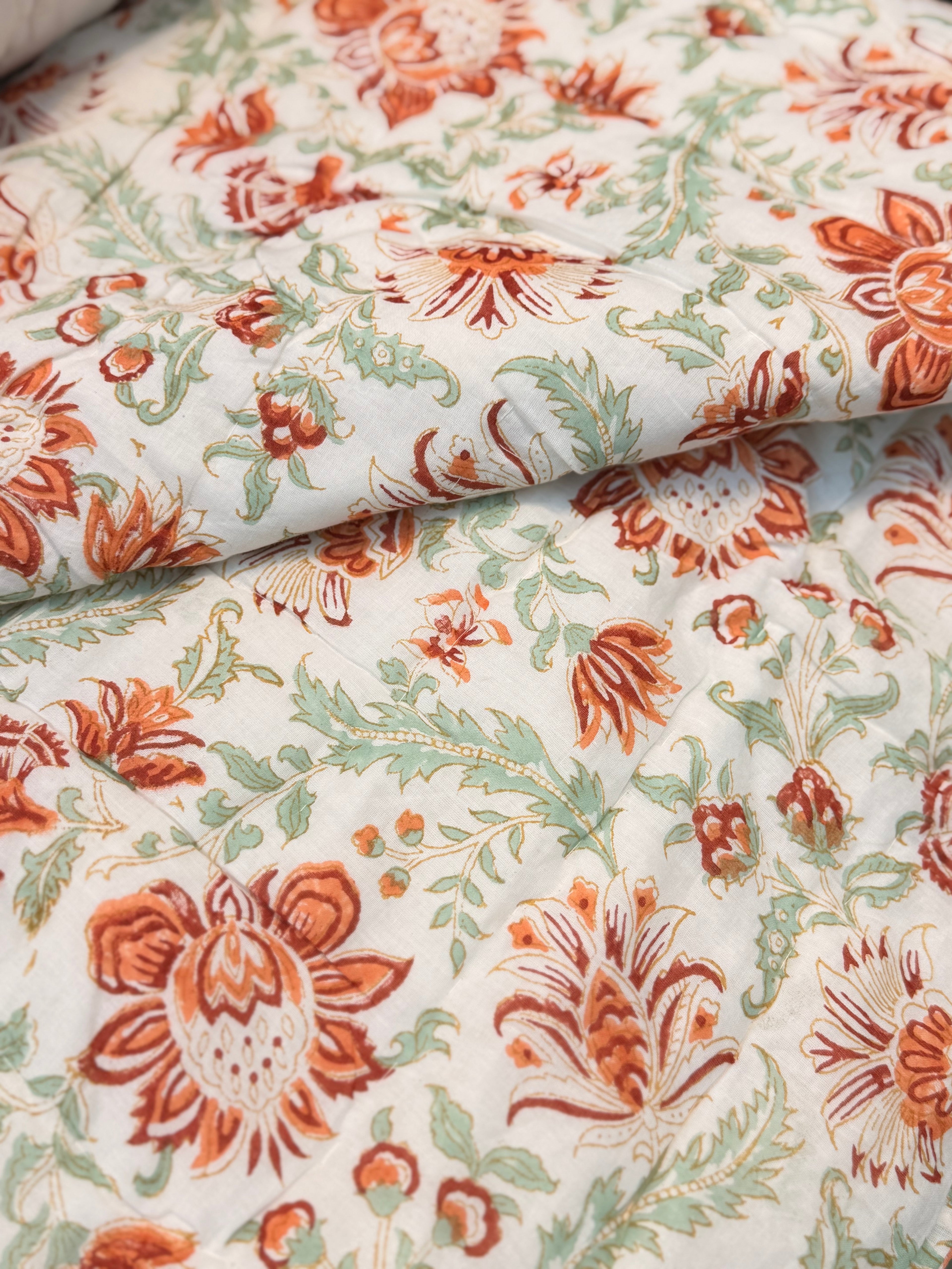Hand Block Jaipuri Rajai Orange Floral Print