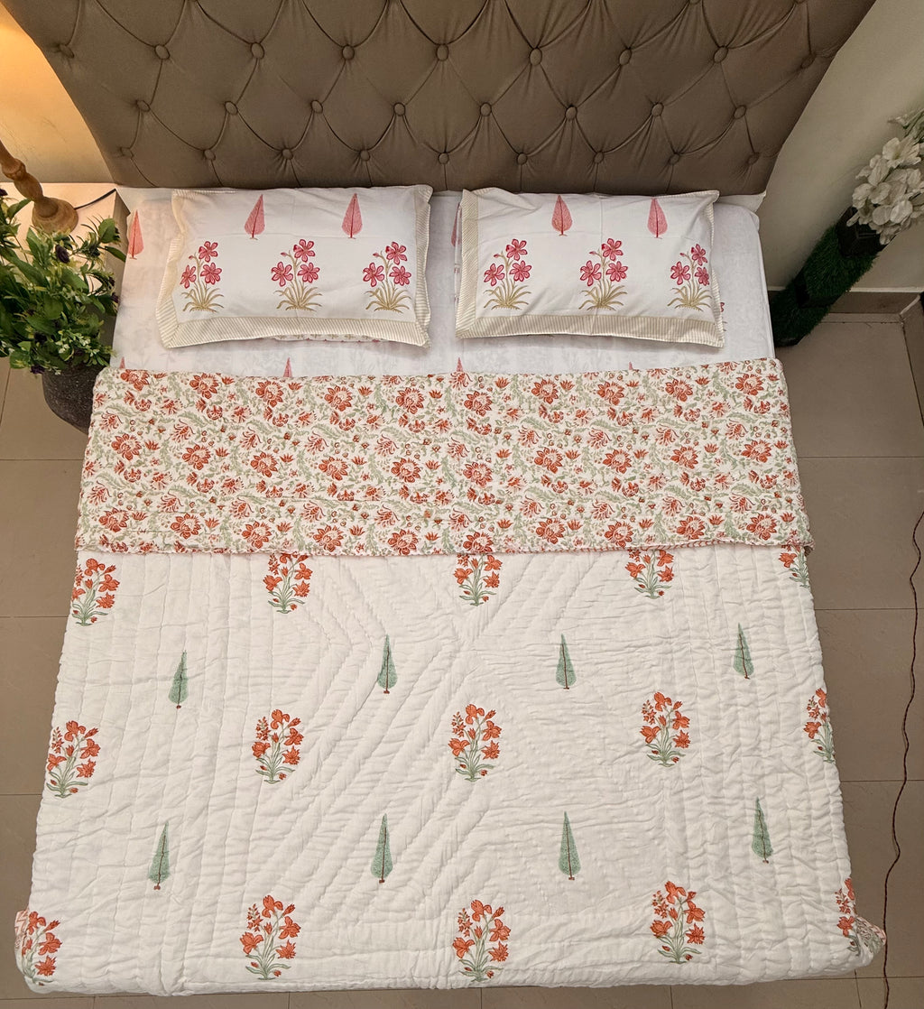 Hand Block Jaipuri Rajai Orange Floral Print