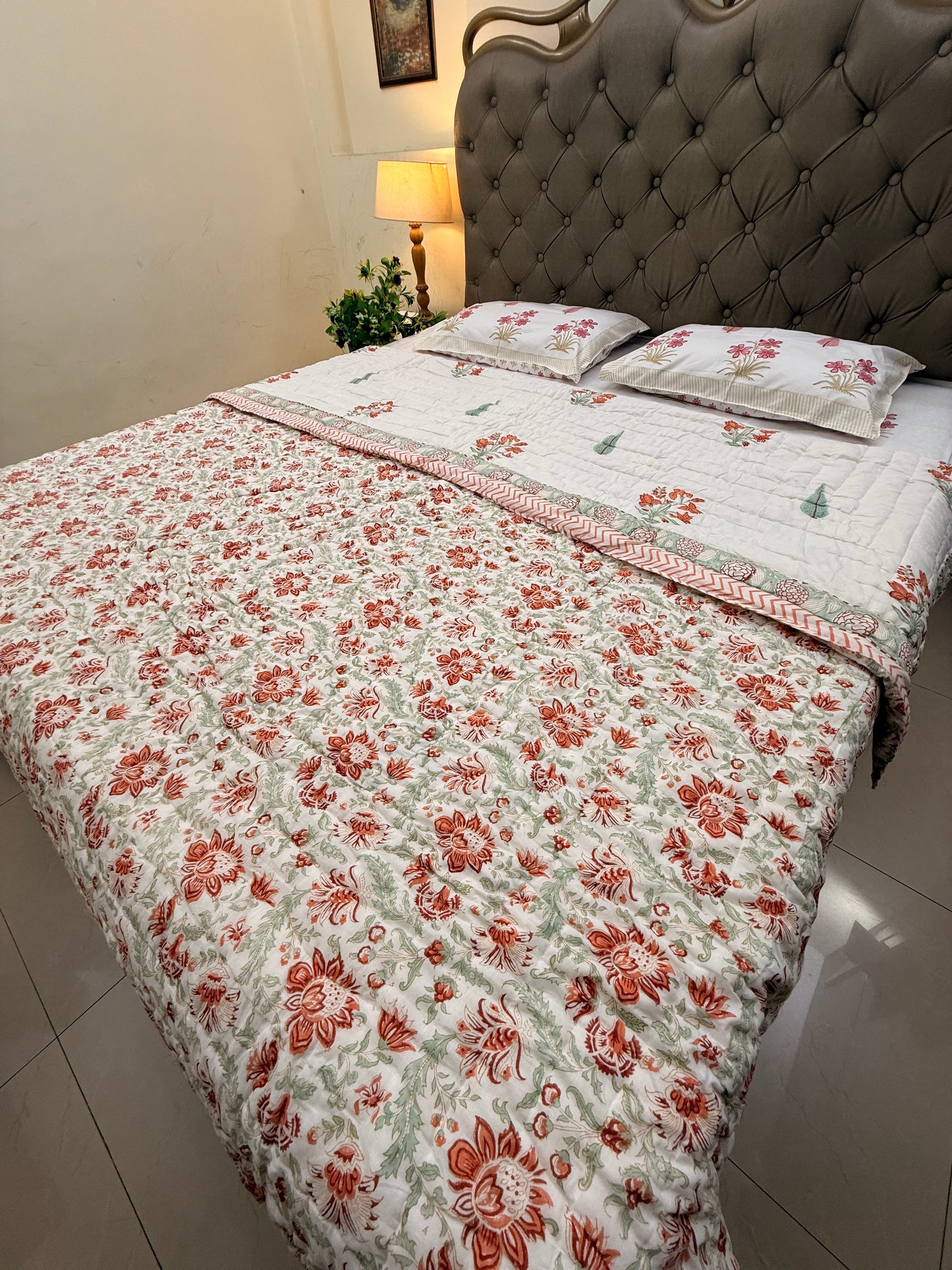 Hand Block Jaipuri Rajai Orange Floral Print