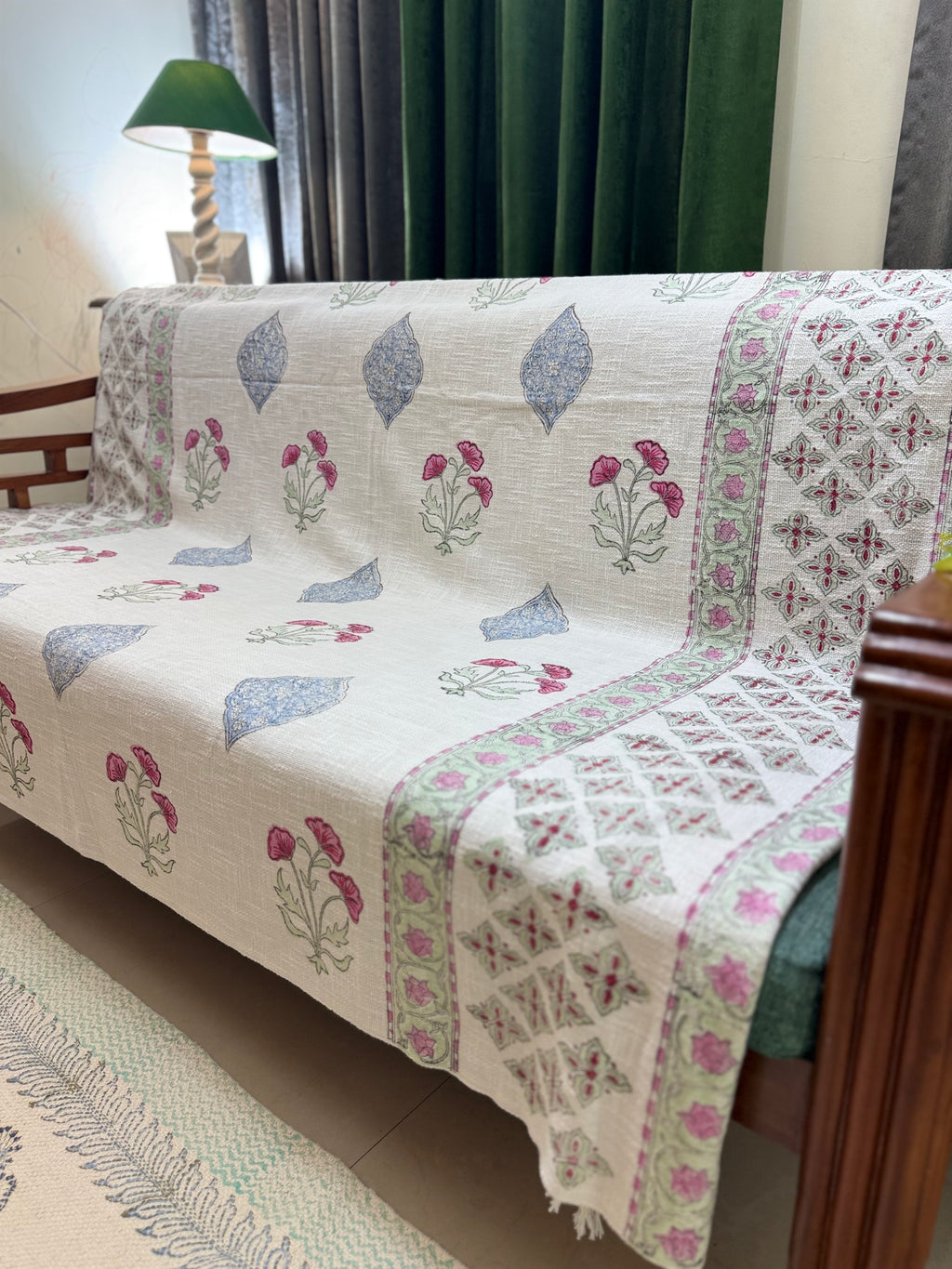 Slub Cotton Sofa Throw Compact Magenta Flower Print