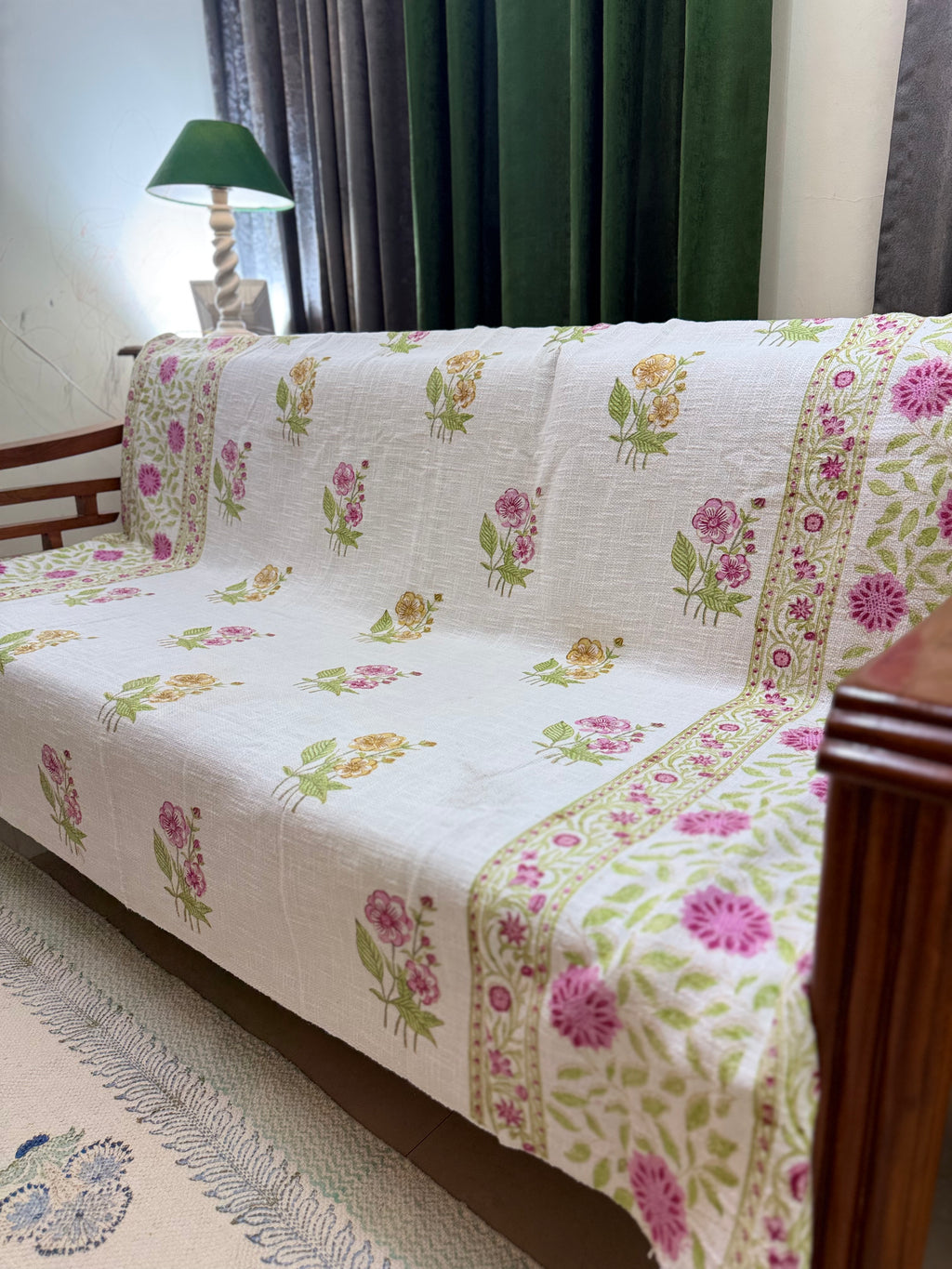 Slub Cotton Sofa Throw Compact Magenta Floral Print