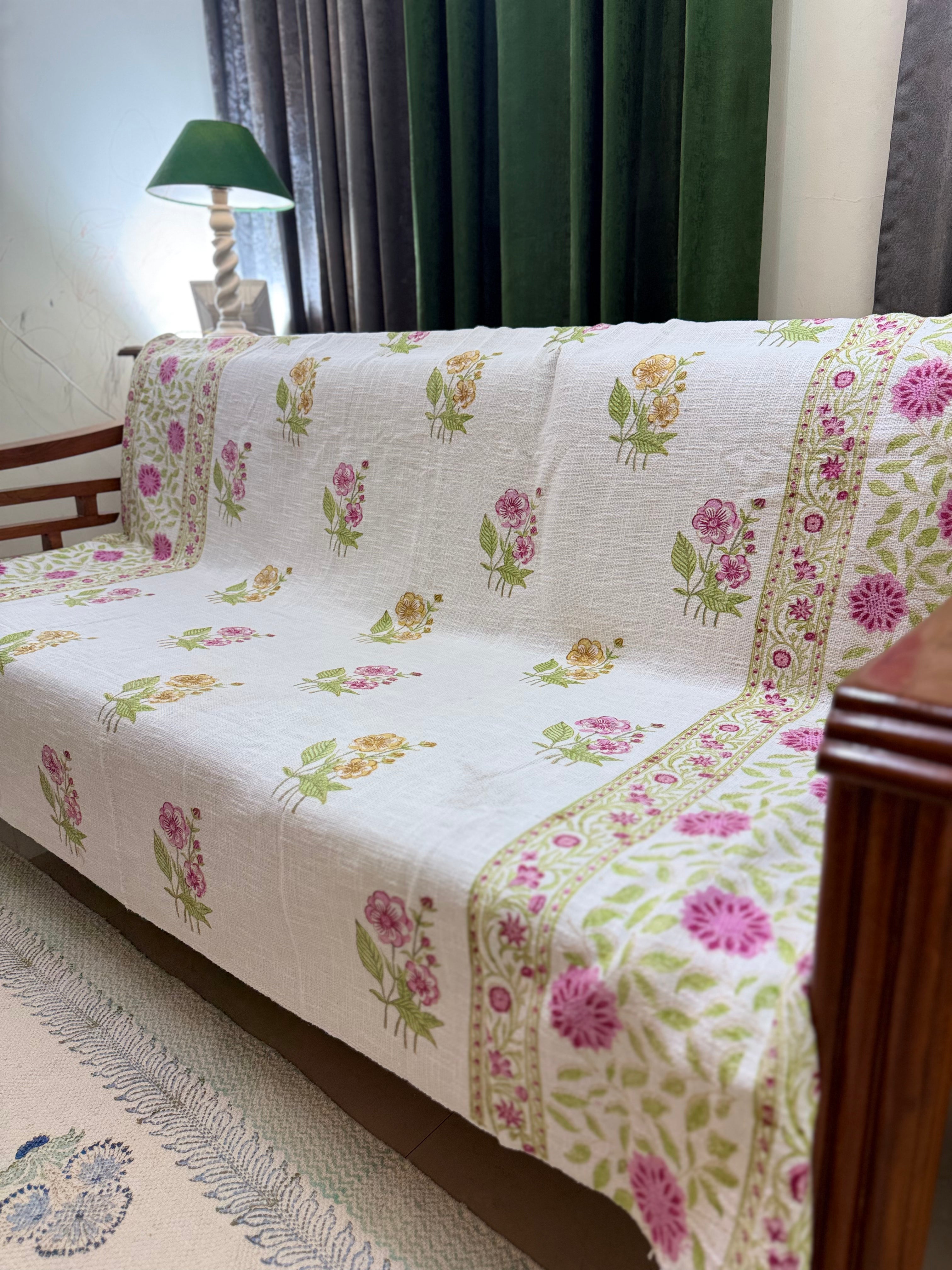 Slub Cotton Sofa Throw Compact Magenta Floral Print