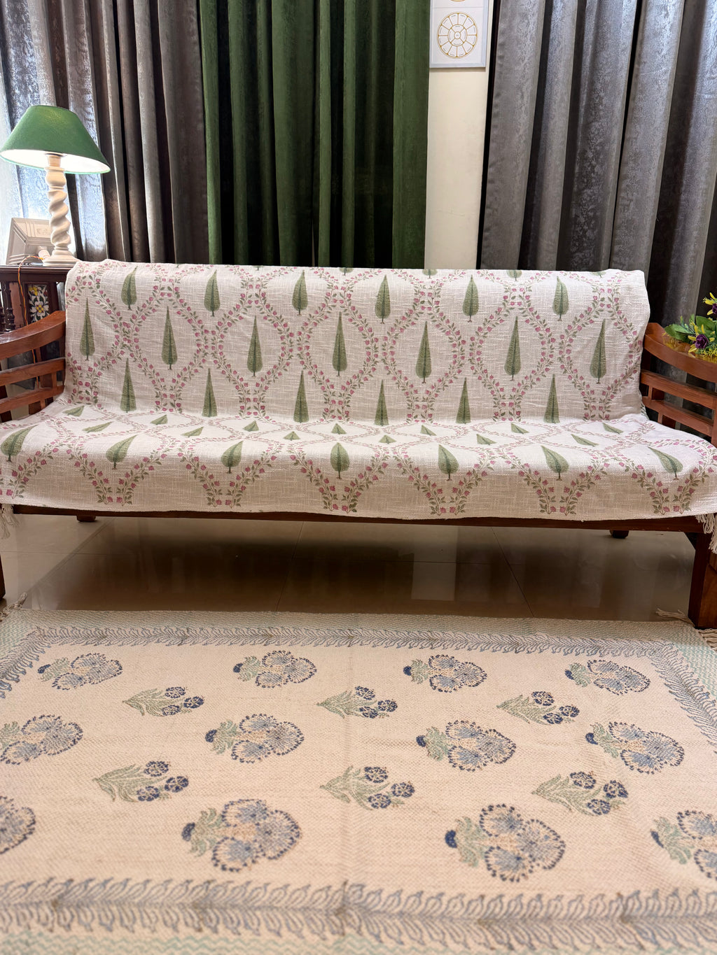 Slub Cotton Sofa Throw Compact Magenta Floral Leaf Jaal Print