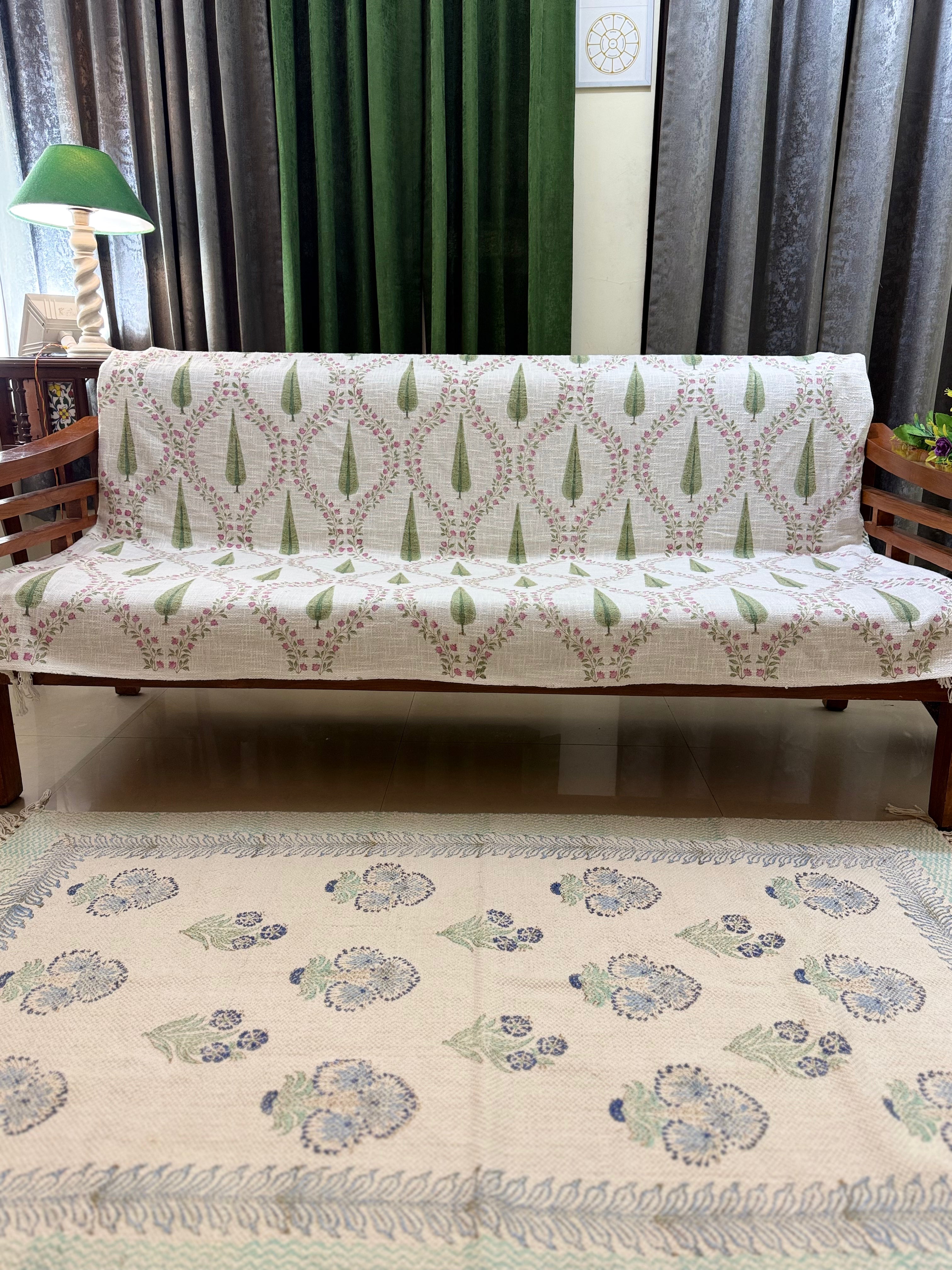 Slub Cotton Sofa Throw Compact Magenta Floral Leaf Jaal Print