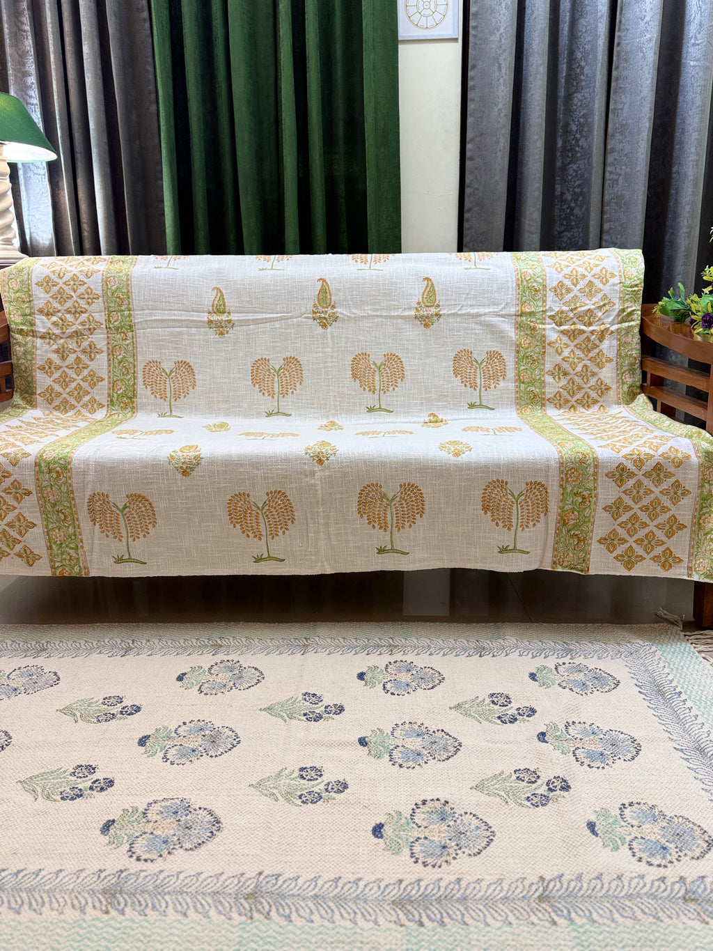 Slub Cotton Sofa Throw Compact Magenta Yellow Green Bel Print