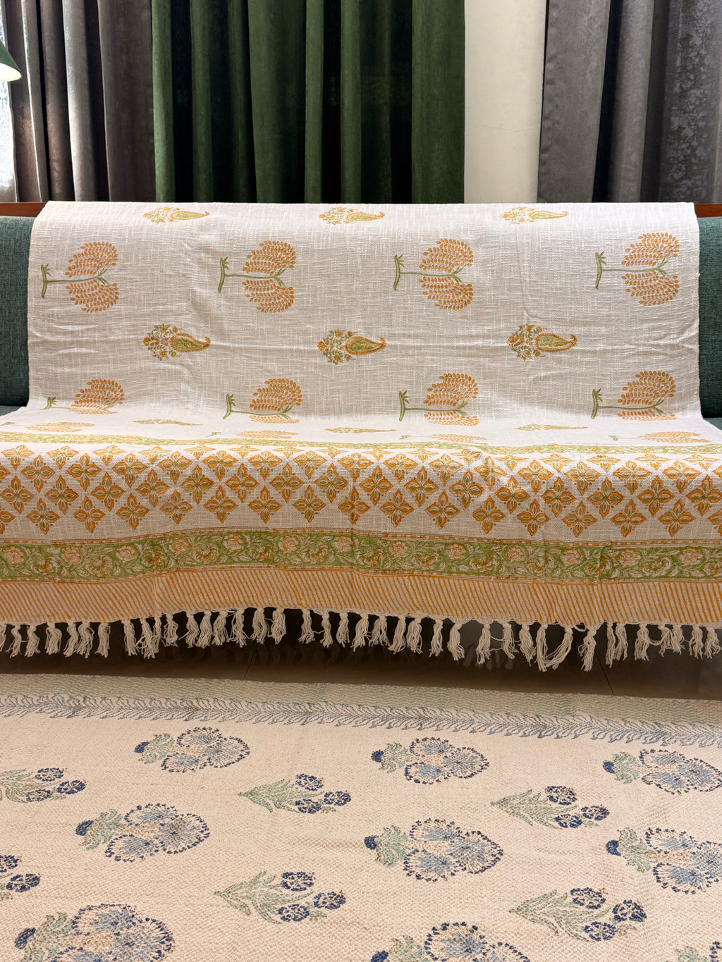 Slub Cotton Sofa Throw Compact Magenta Yellow Green Bel Print
