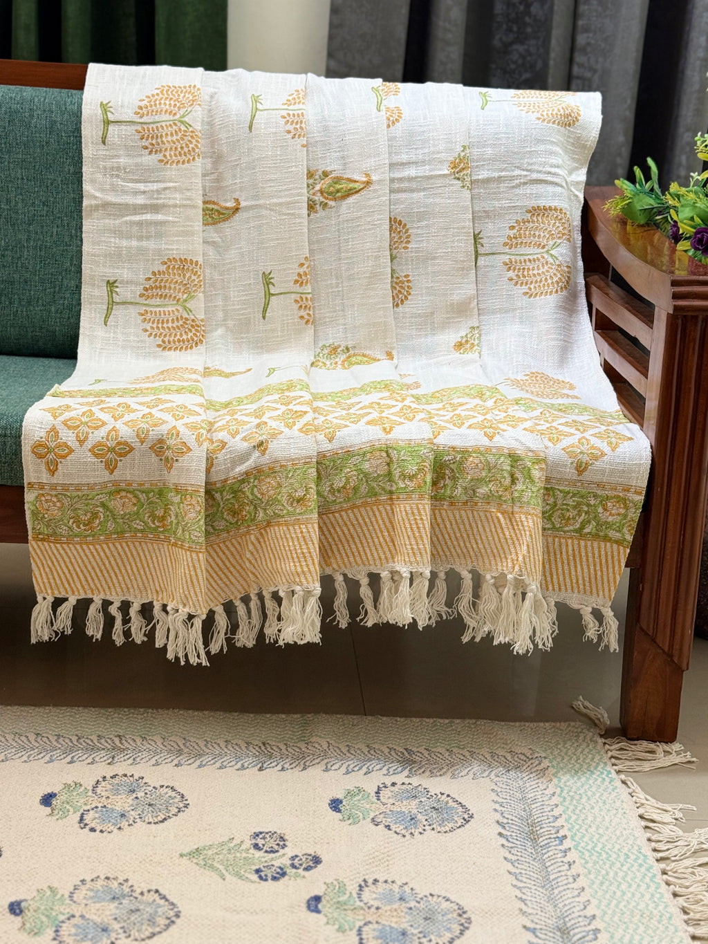 Slub Cotton Sofa Throw Compact Magenta Yellow Green Bel Print