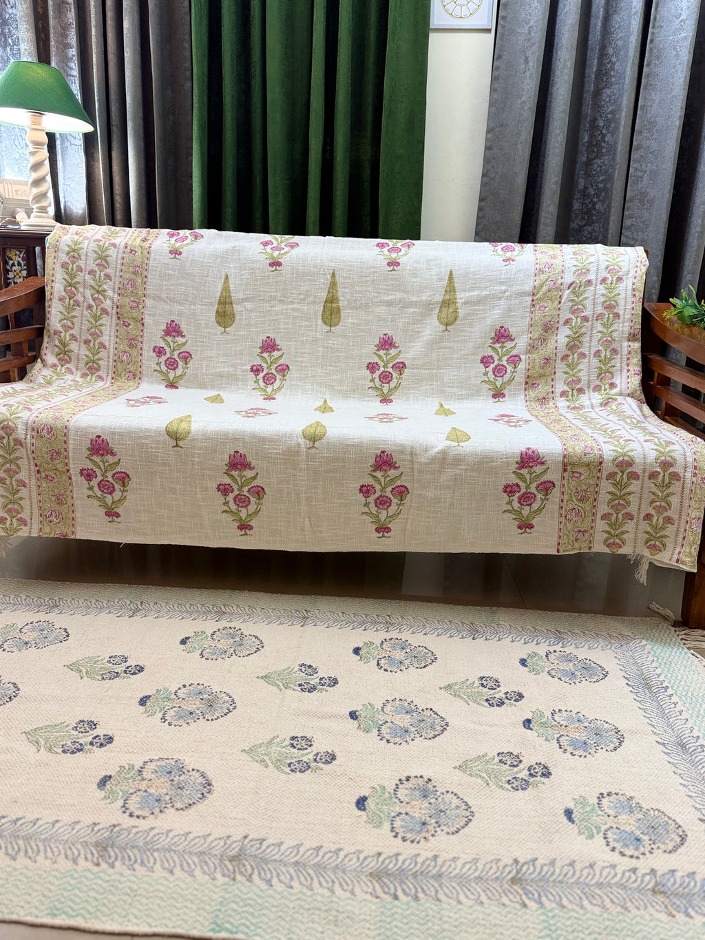 Slub Cotton Sofa Throw Compact Magenta Green Floral Print