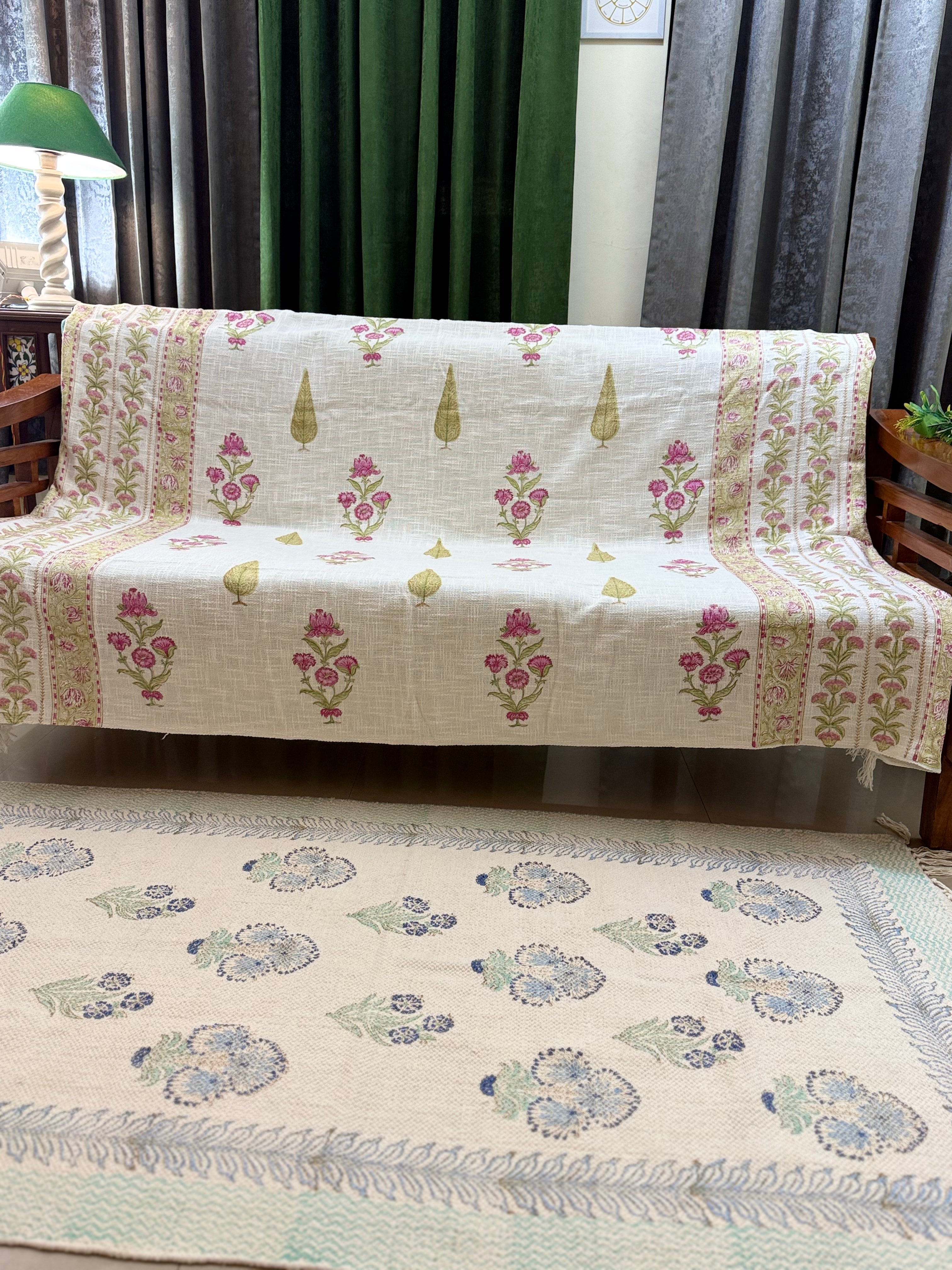Slub Cotton Sofa Throw Compact Magenta Green Floral Print