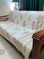 Slub Cotton Sofa Throw Compact Magenta Green Floral Print