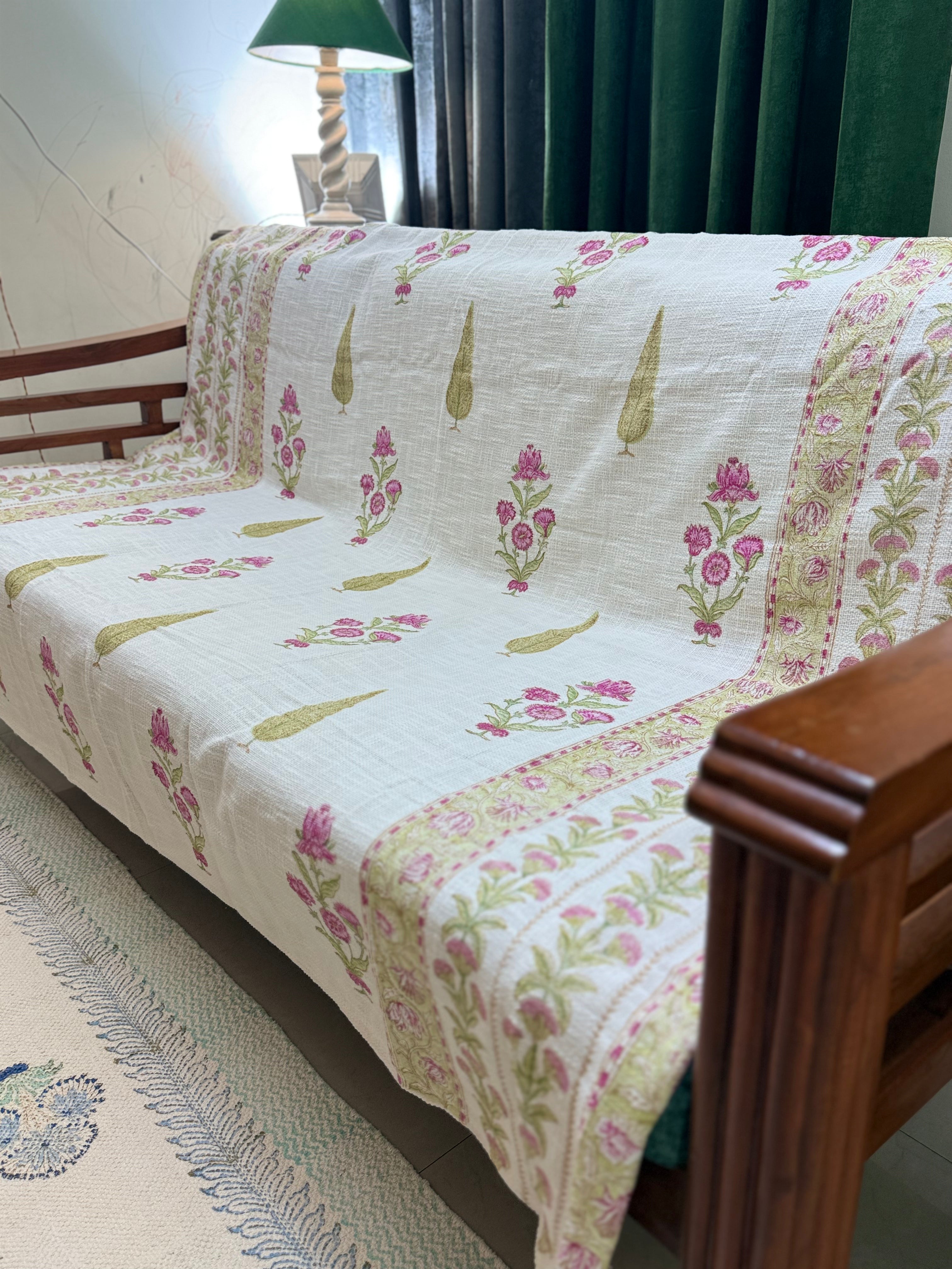 Slub Cotton Sofa Throw Compact Magenta Green Floral Print