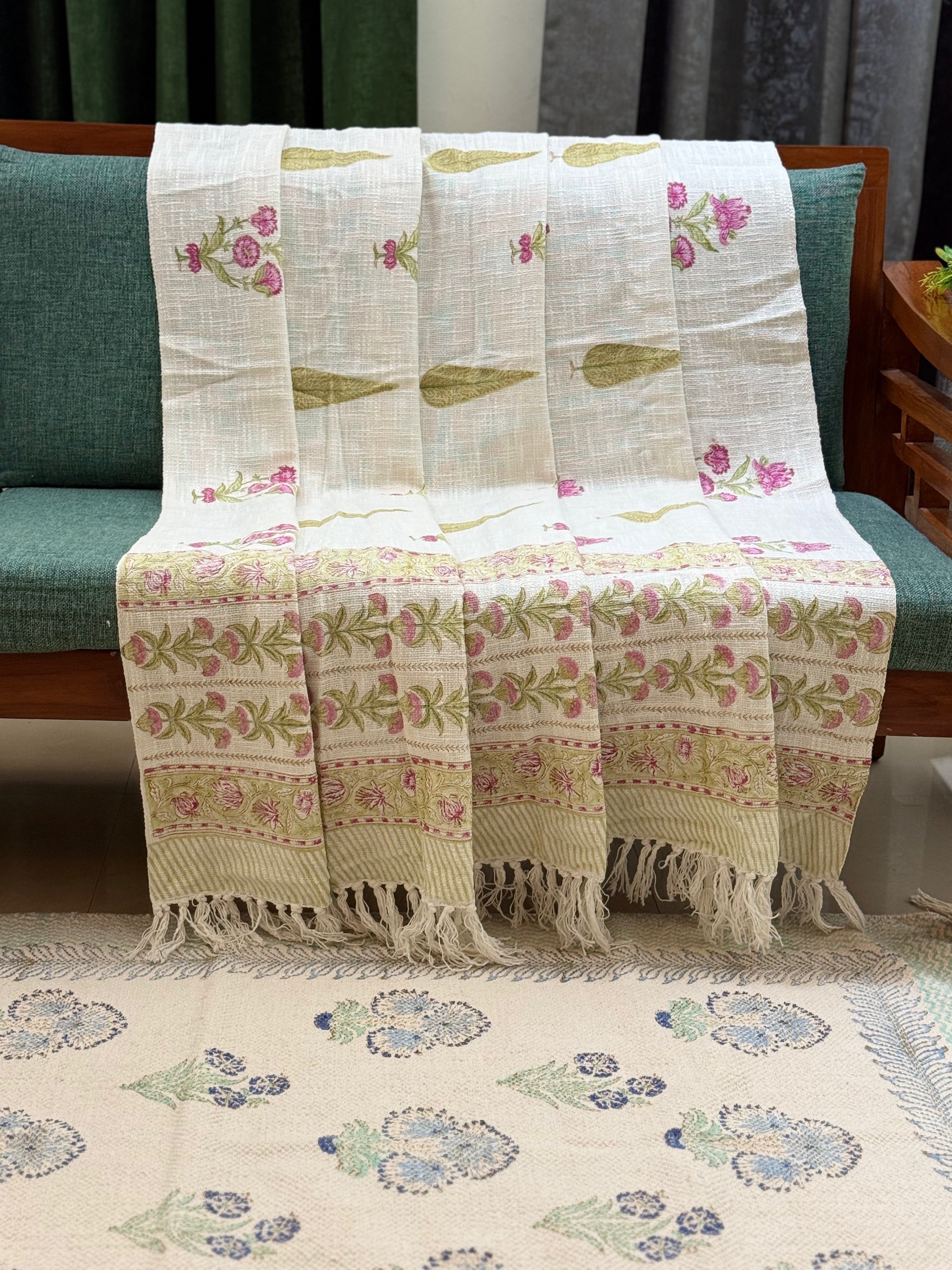 Slub Cotton Sofa Throw Compact Magenta Green Floral Print