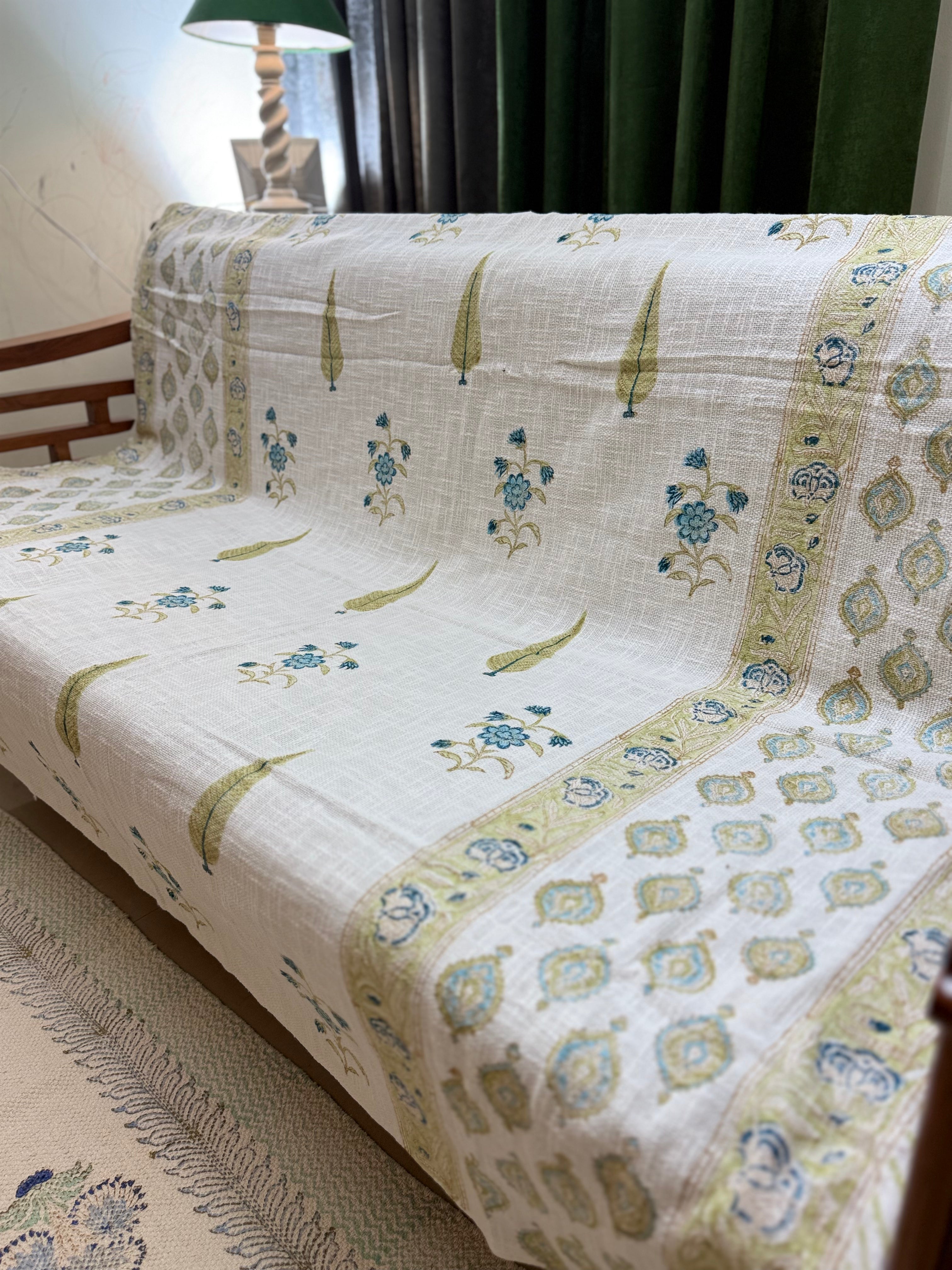 Slub Cotton Sofa Throw Compact Blue Green Floral Print