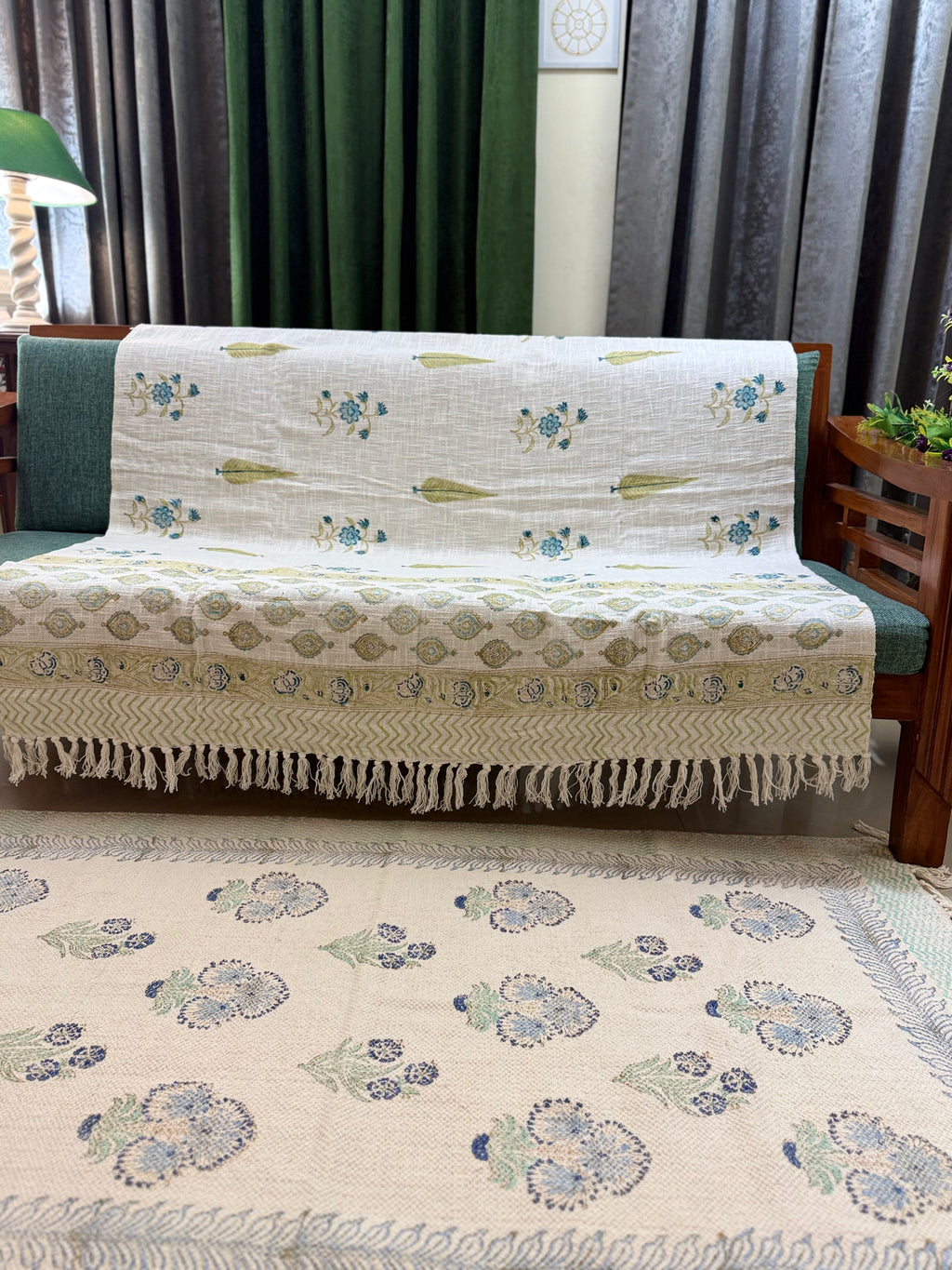Slub Cotton Sofa Throw Compact Blue Green Floral Print