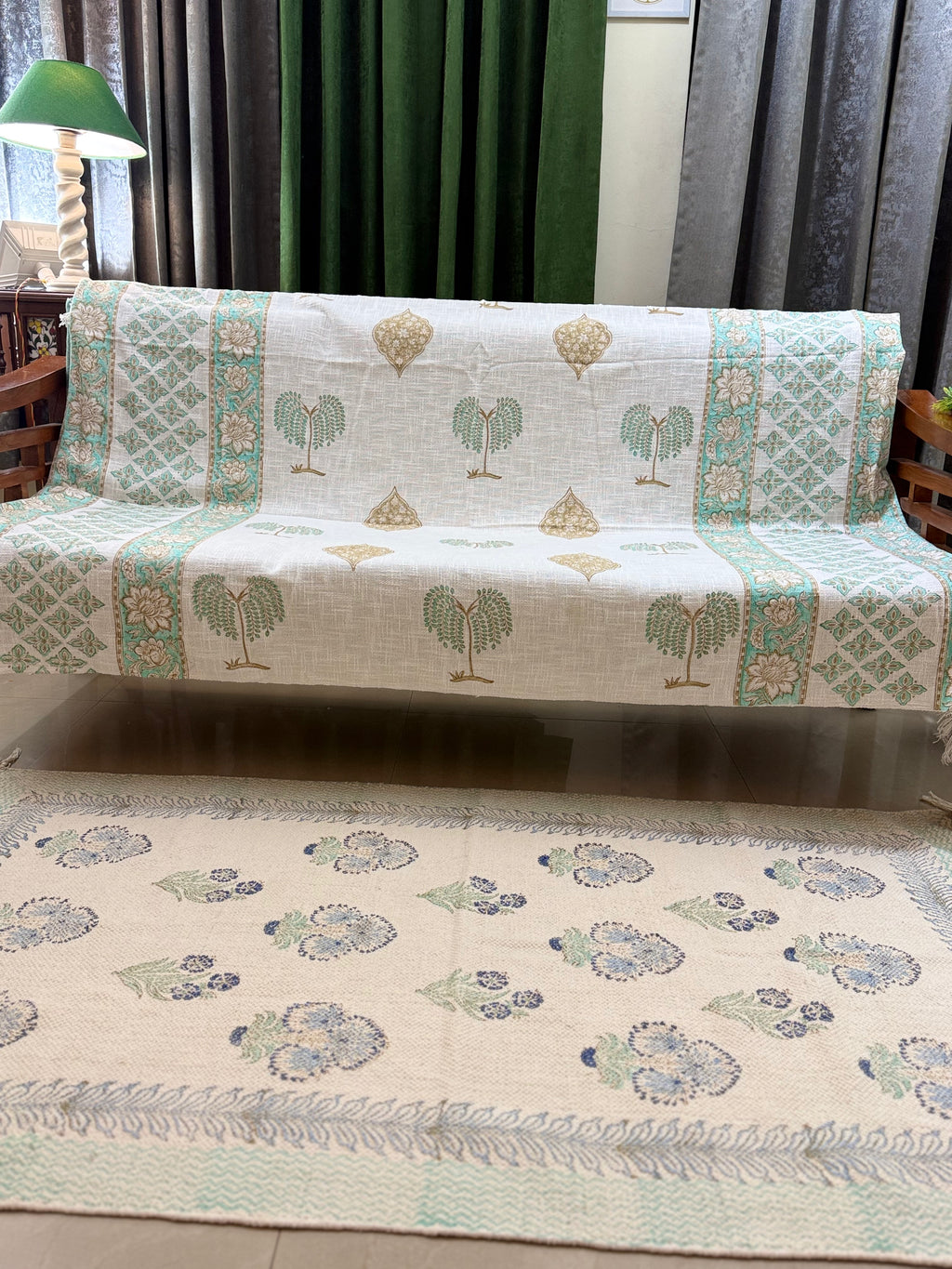 Slub Cotton Sofa Throw Compact Green Yellow Floral Print