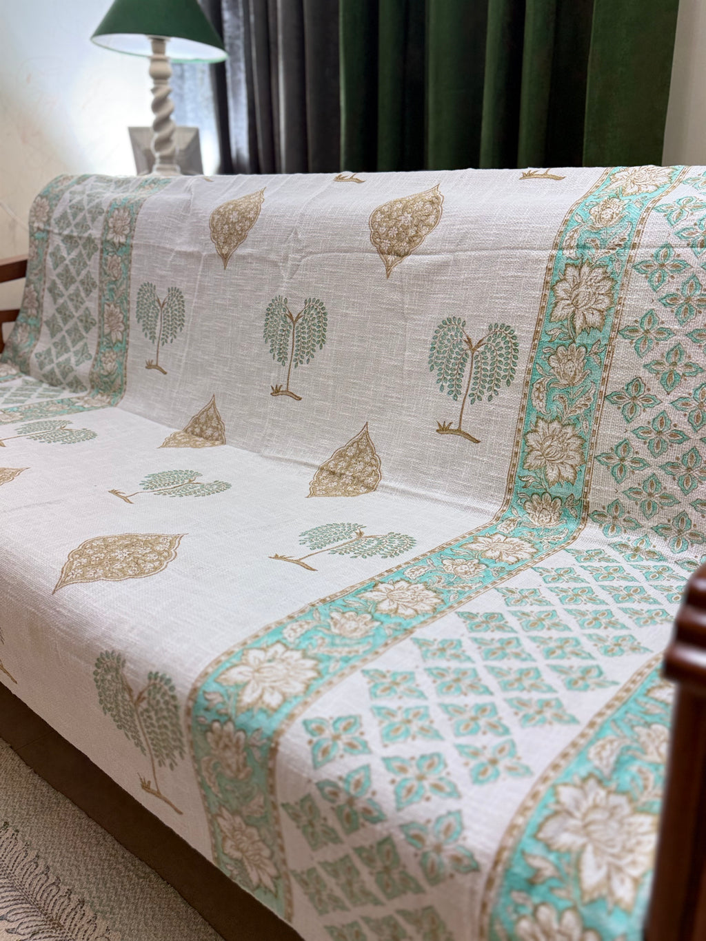 Slub Cotton Sofa Throw Compact Green Yellow Floral Print