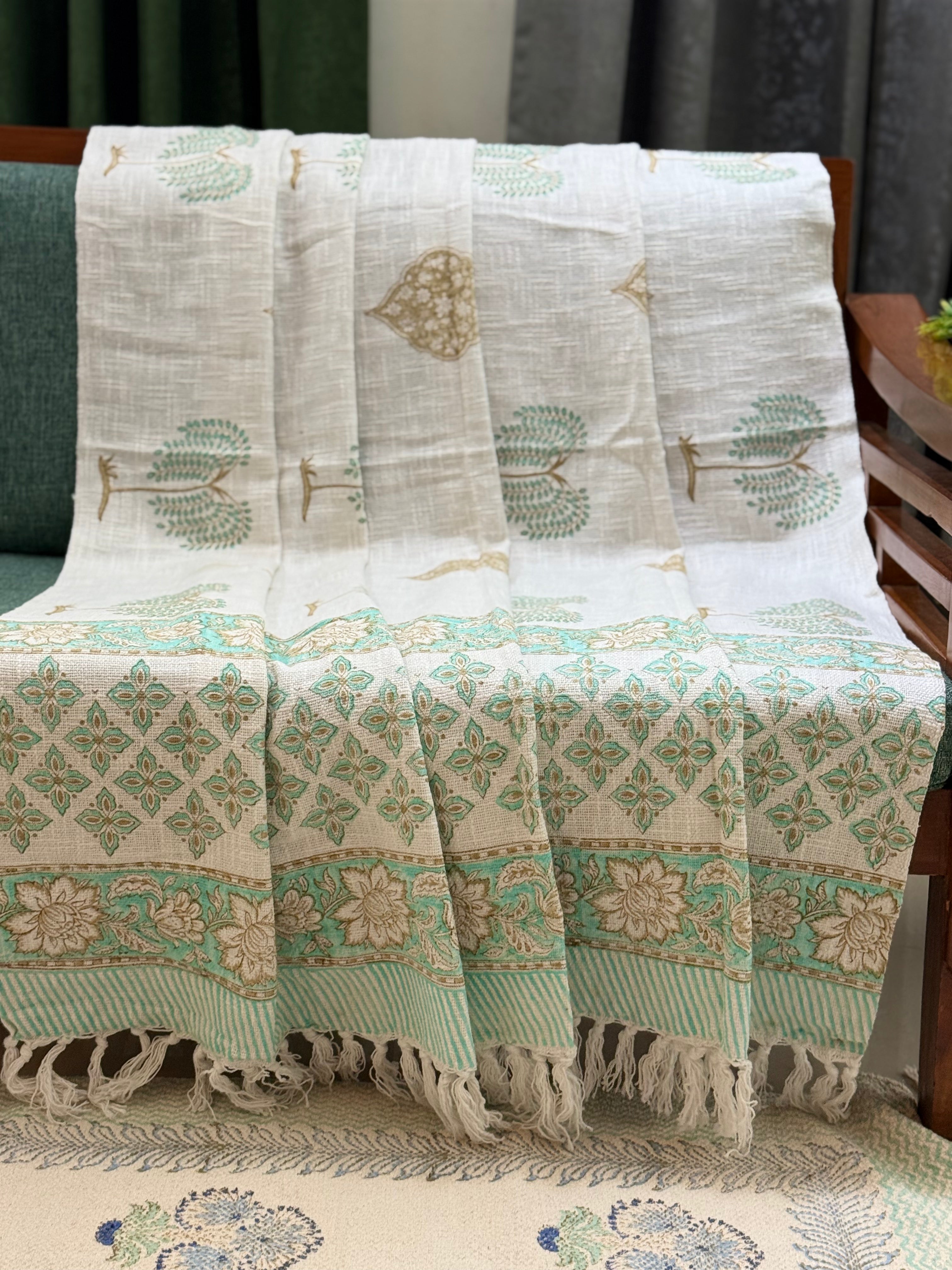 Slub Cotton Sofa Throw Compact Green Yellow Floral Print