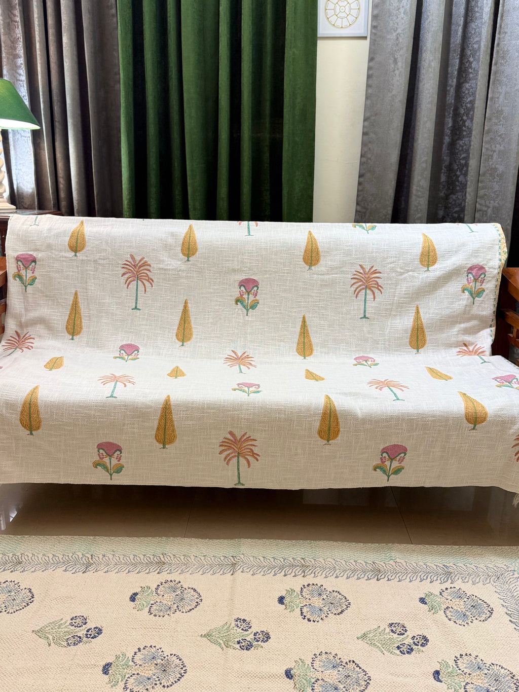 Slub Cotton Sofa Throw Compact Multi Coloured Palm Leaf Print