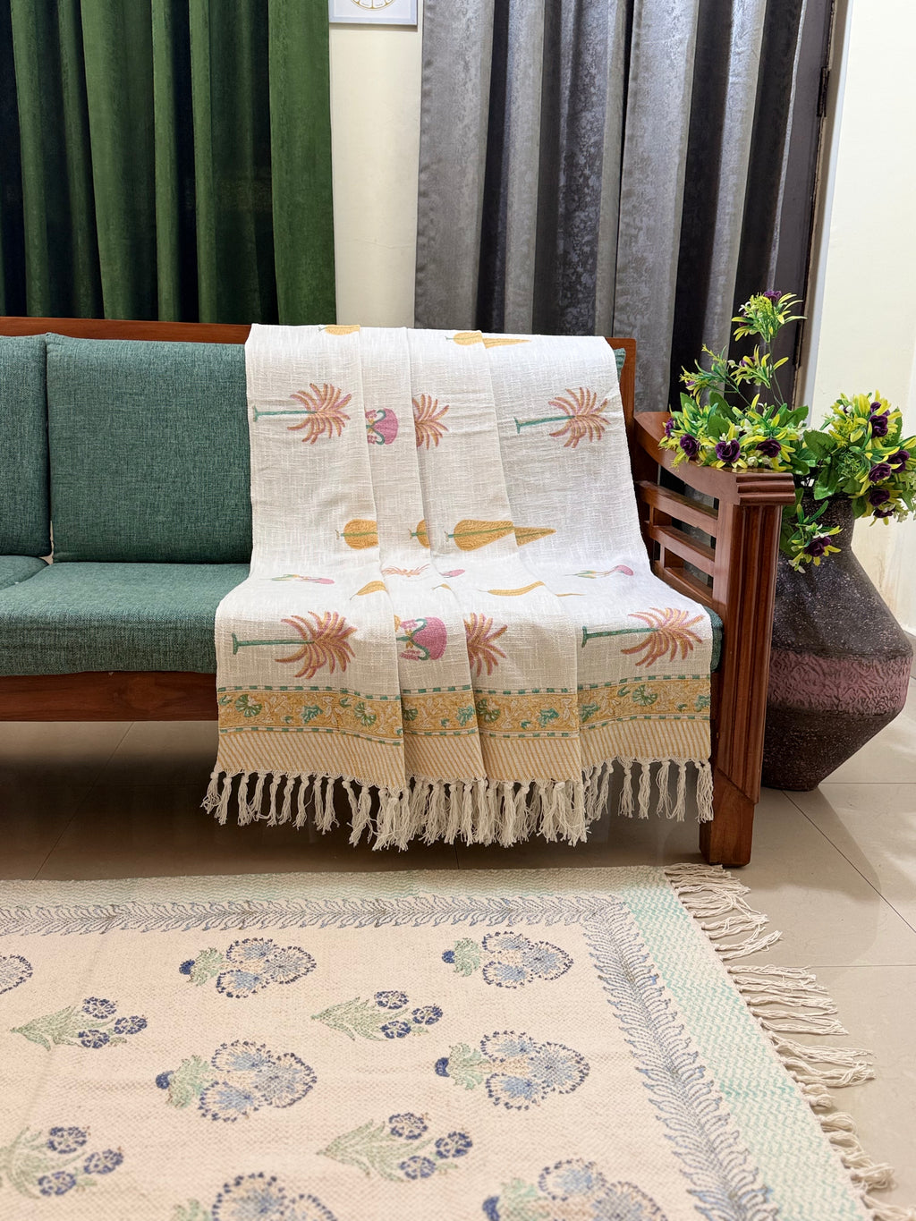 Slub Cotton Sofa Throw Compact Multi Coloured Palm Leaf Print