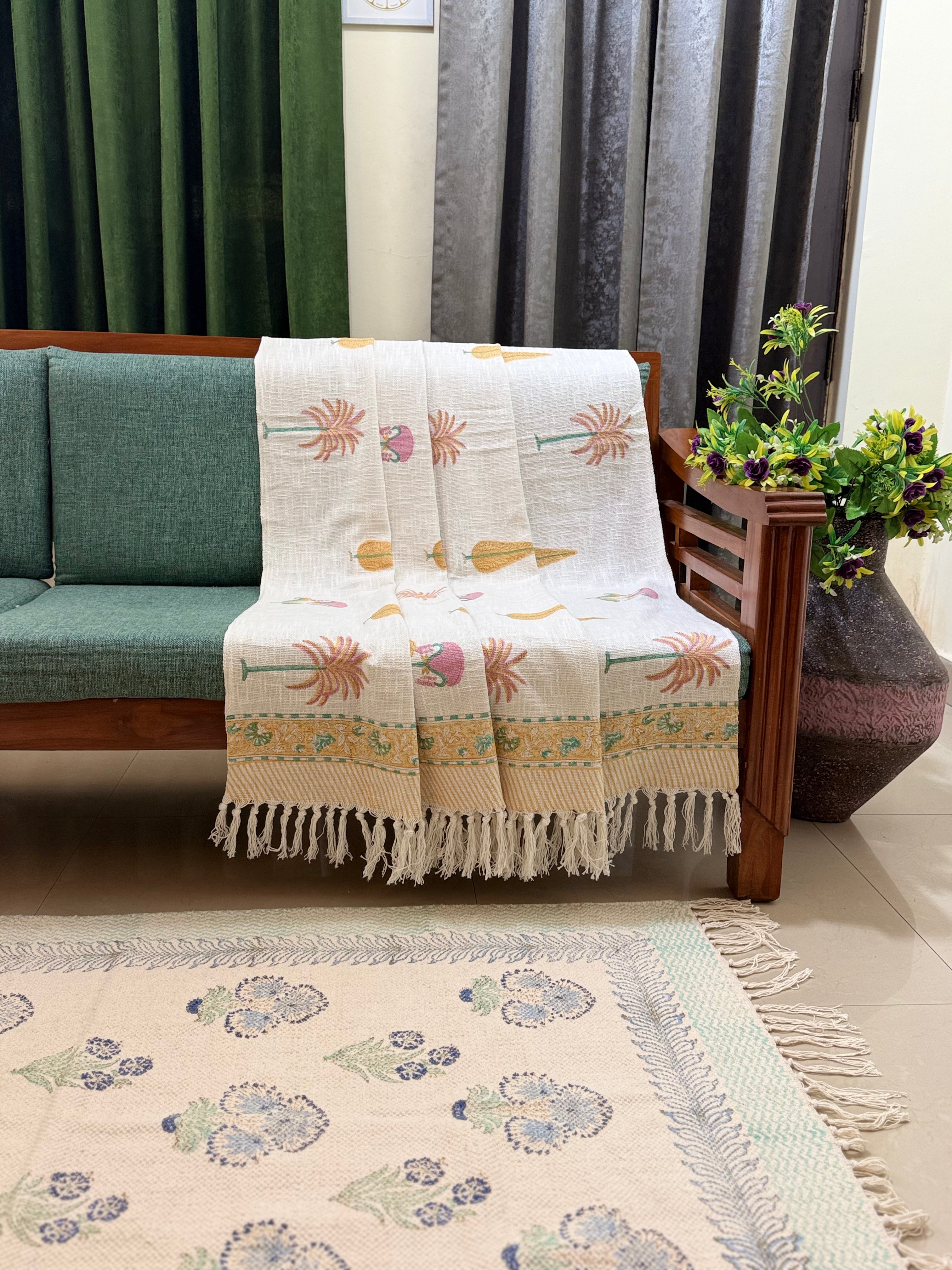 Slub Cotton Sofa Throw Compact Multi Coloured Palm Leaf Print