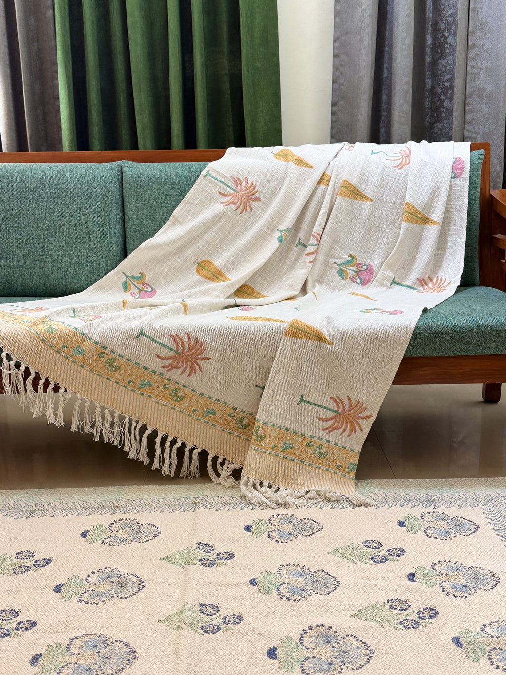 Slub Cotton Sofa Throw Compact Multi Coloured Palm Leaf Print
