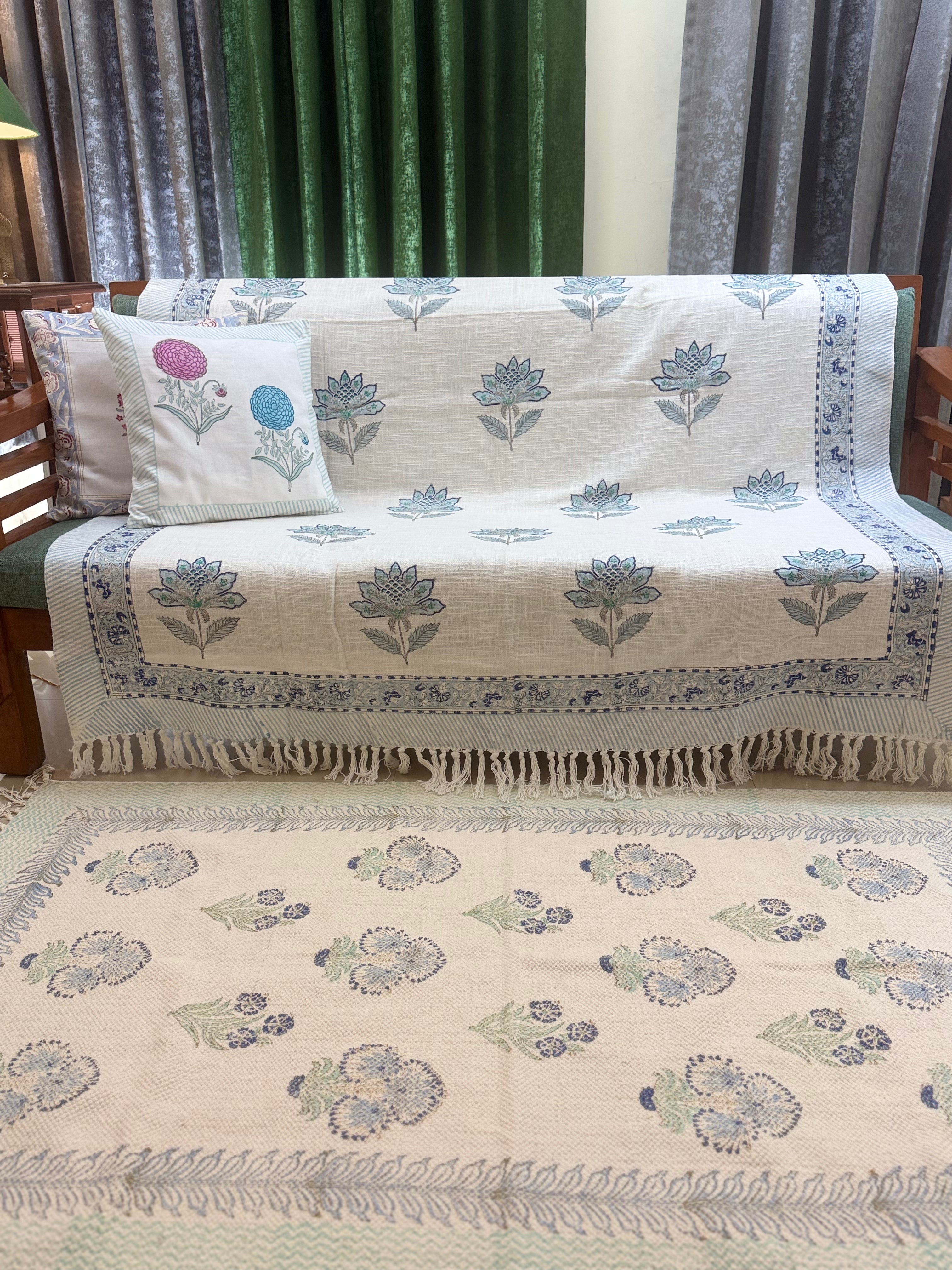 Slub Cotton Sofa Throw Floral Blue & Green Motif Print