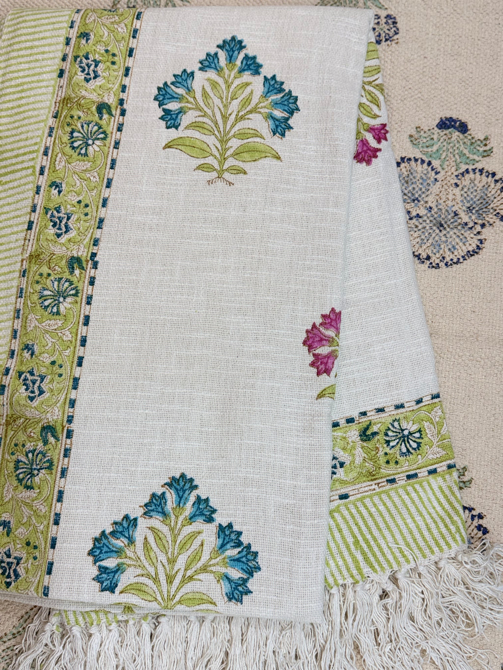 Slub Cotton Sofa Throw Floral Blue Pink Green Motif Print