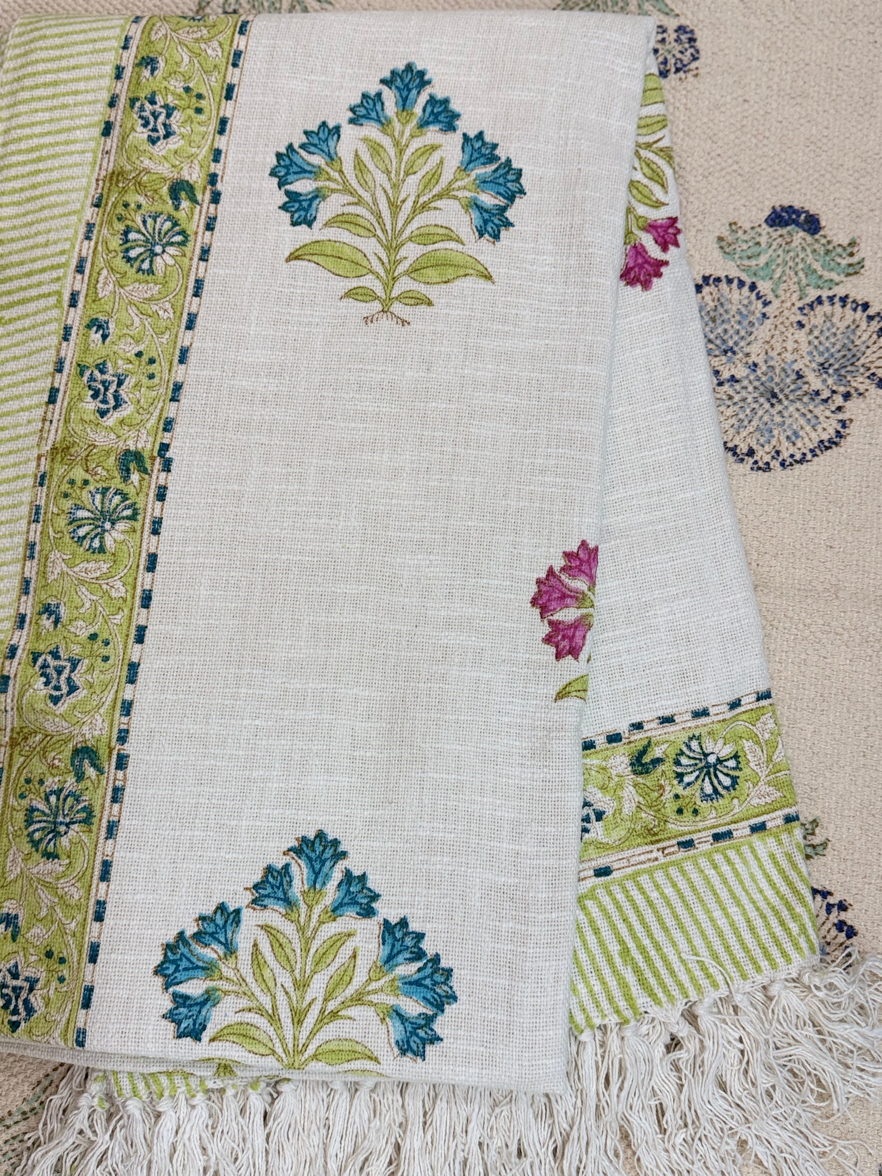 Slub Cotton Sofa Throw Floral Blue Pink Green Motif Print