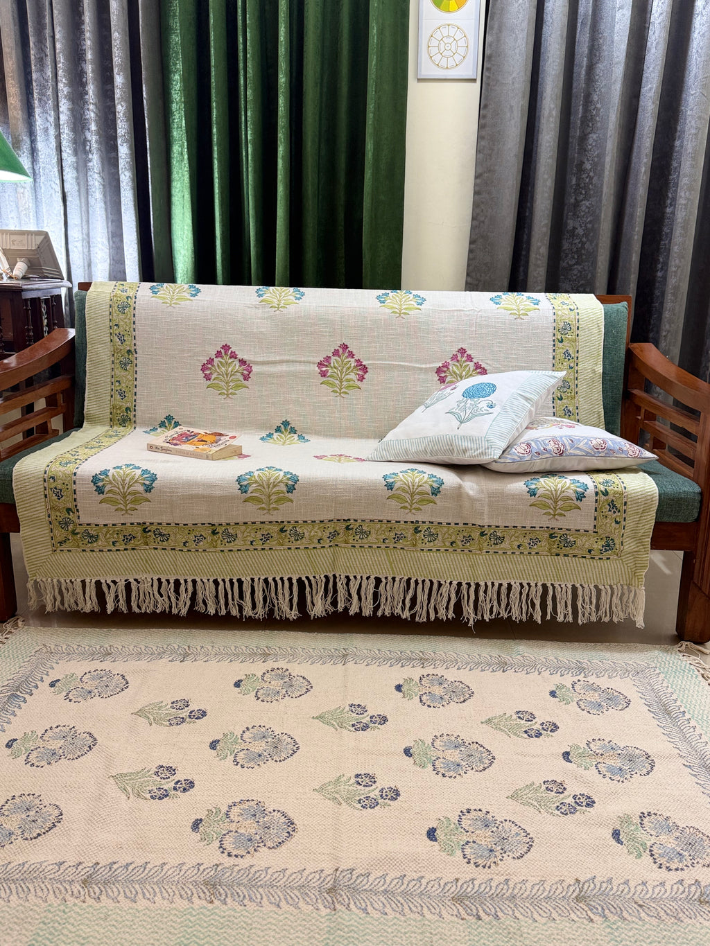 Slub Cotton Sofa Throw Floral Blue Pink Green Motif Print