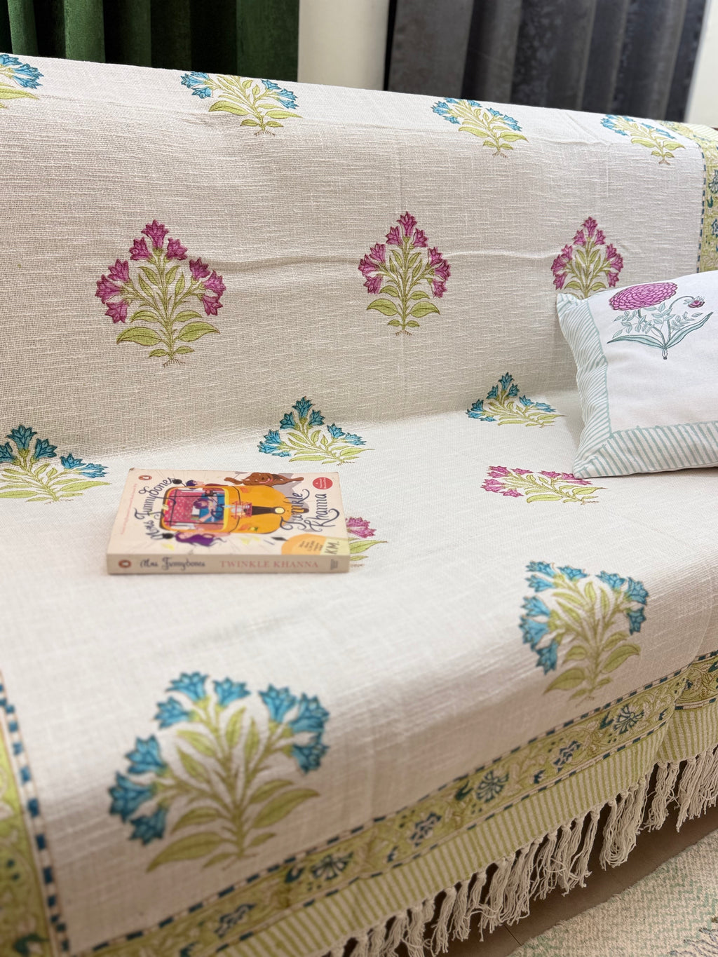 Slub Cotton Sofa Throw Floral Blue Pink Green Motif Print