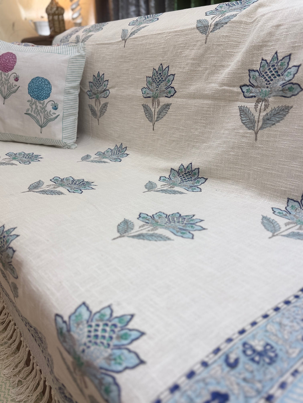 Slub Cotton Sofa Throw Floral Blue & Green Motif Print