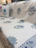 Slub Cotton Sofa Throw Floral Blue & Green Motif Print