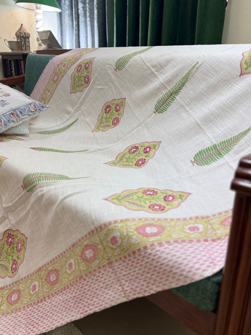 Slub Cotton Sofa Throw Floral Motif Print