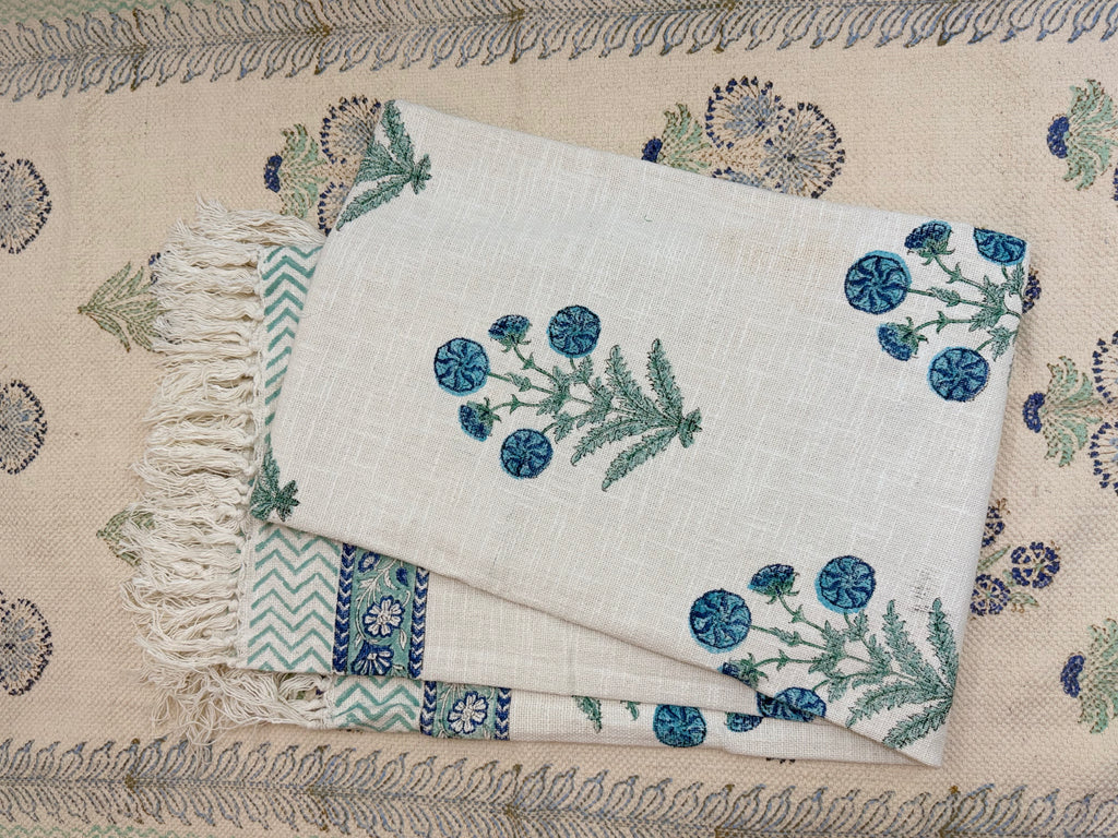 Slub Cotton Sofa Throw Floral Blue Green Guldasta Print