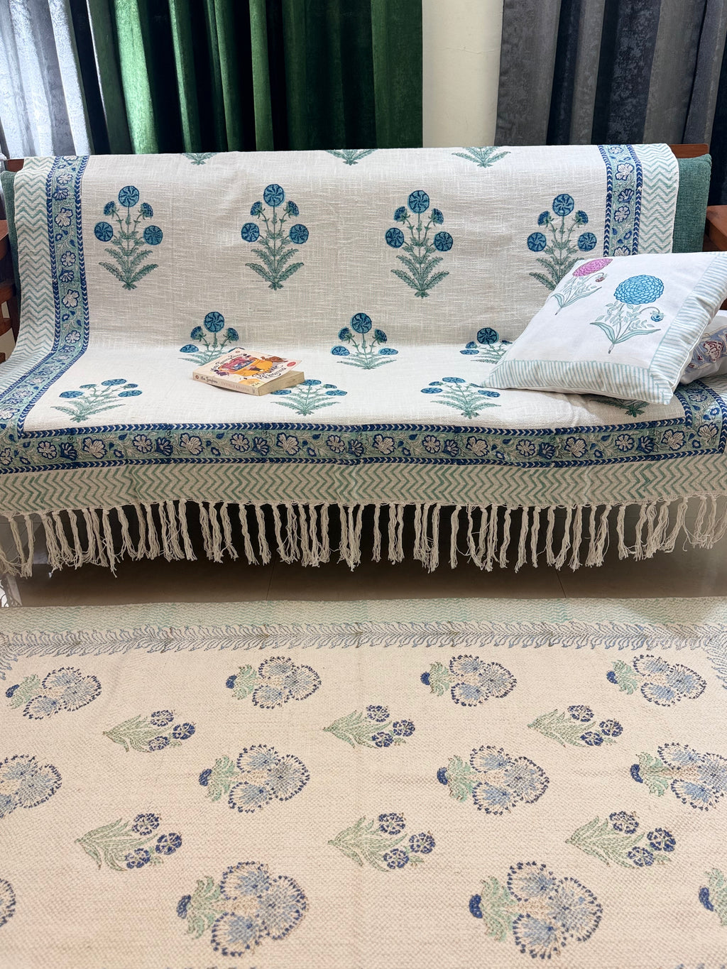 Slub Cotton Sofa Throw Floral Blue Green Guldasta Print