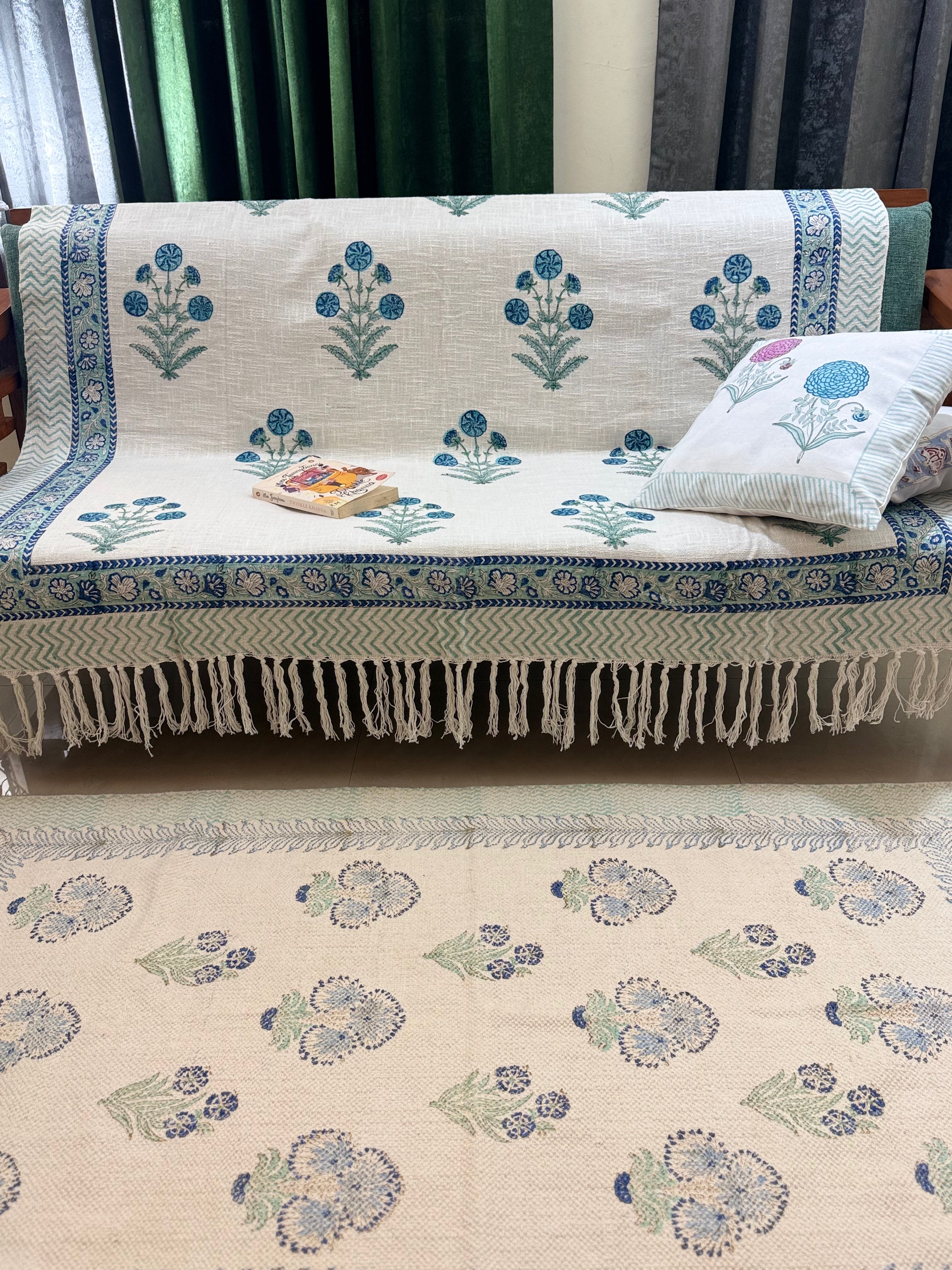 Slub Cotton Sofa Throw Floral Blue Green Guldasta Print