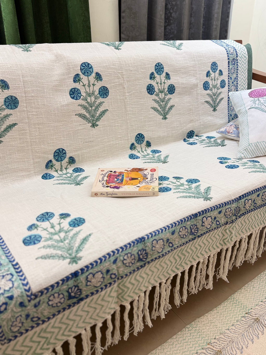 Slub Cotton Sofa Throw Floral Blue Green Guldasta Print