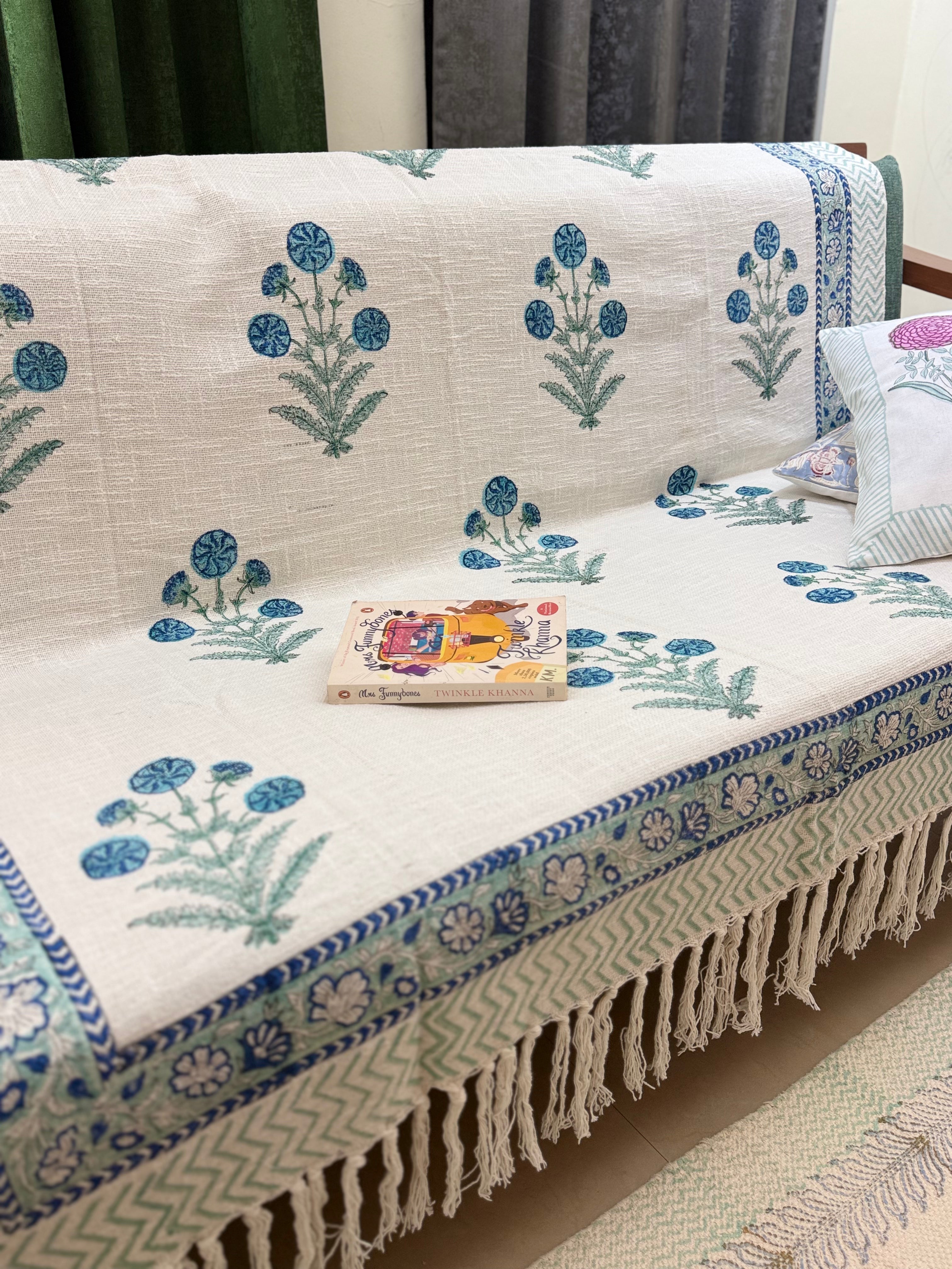 Slub Cotton Sofa Throw Floral Blue Green Guldasta Print