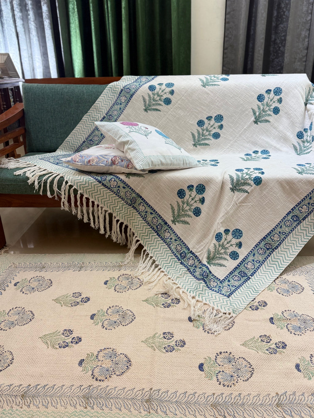Slub Cotton Sofa Throw Floral Blue Green Guldasta Print