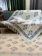 Slub Cotton Sofa Throw Floral Blue Green Guldasta Print