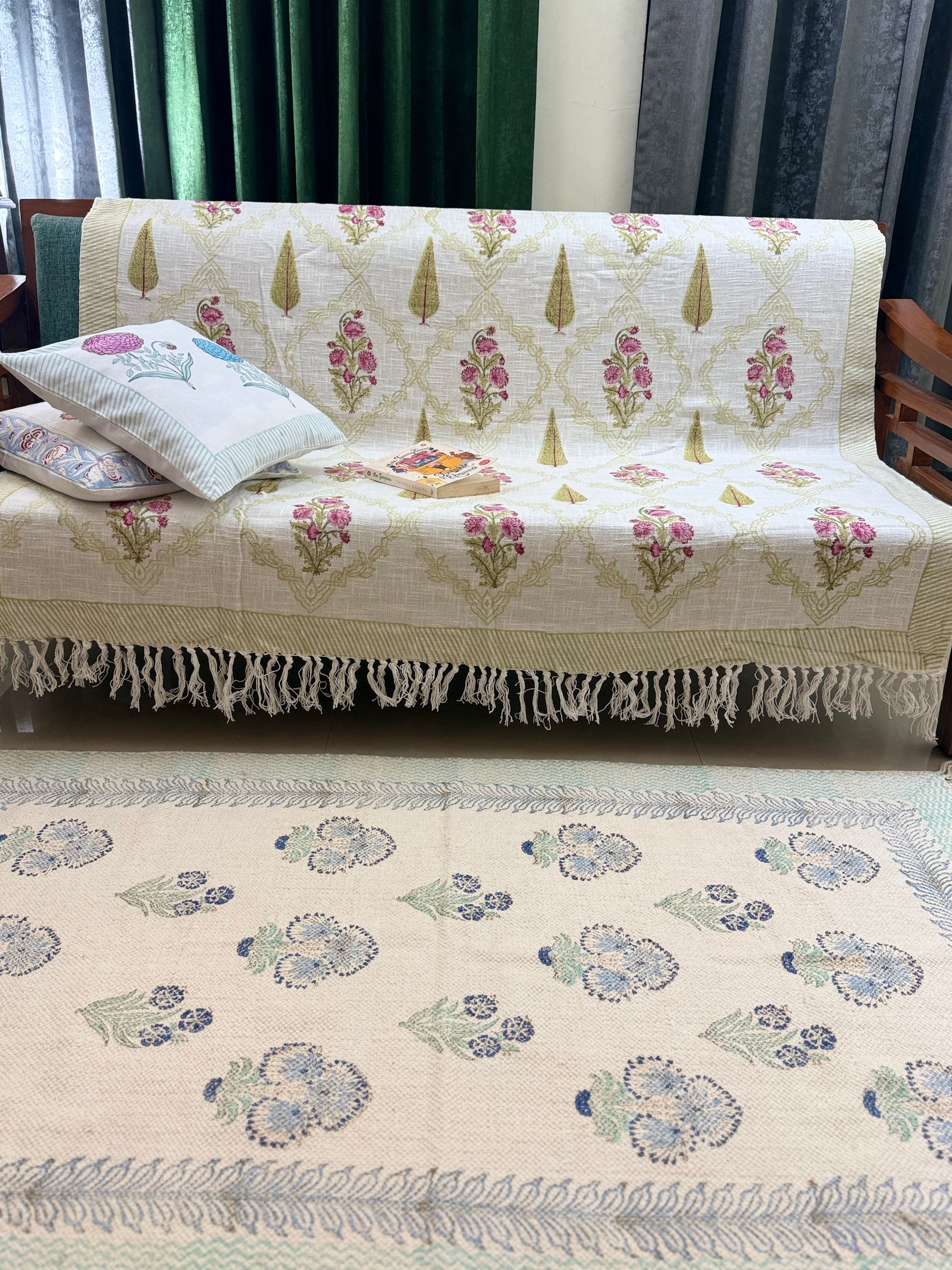Slub Cotton Sofa Throw Floral Pink & Green Print