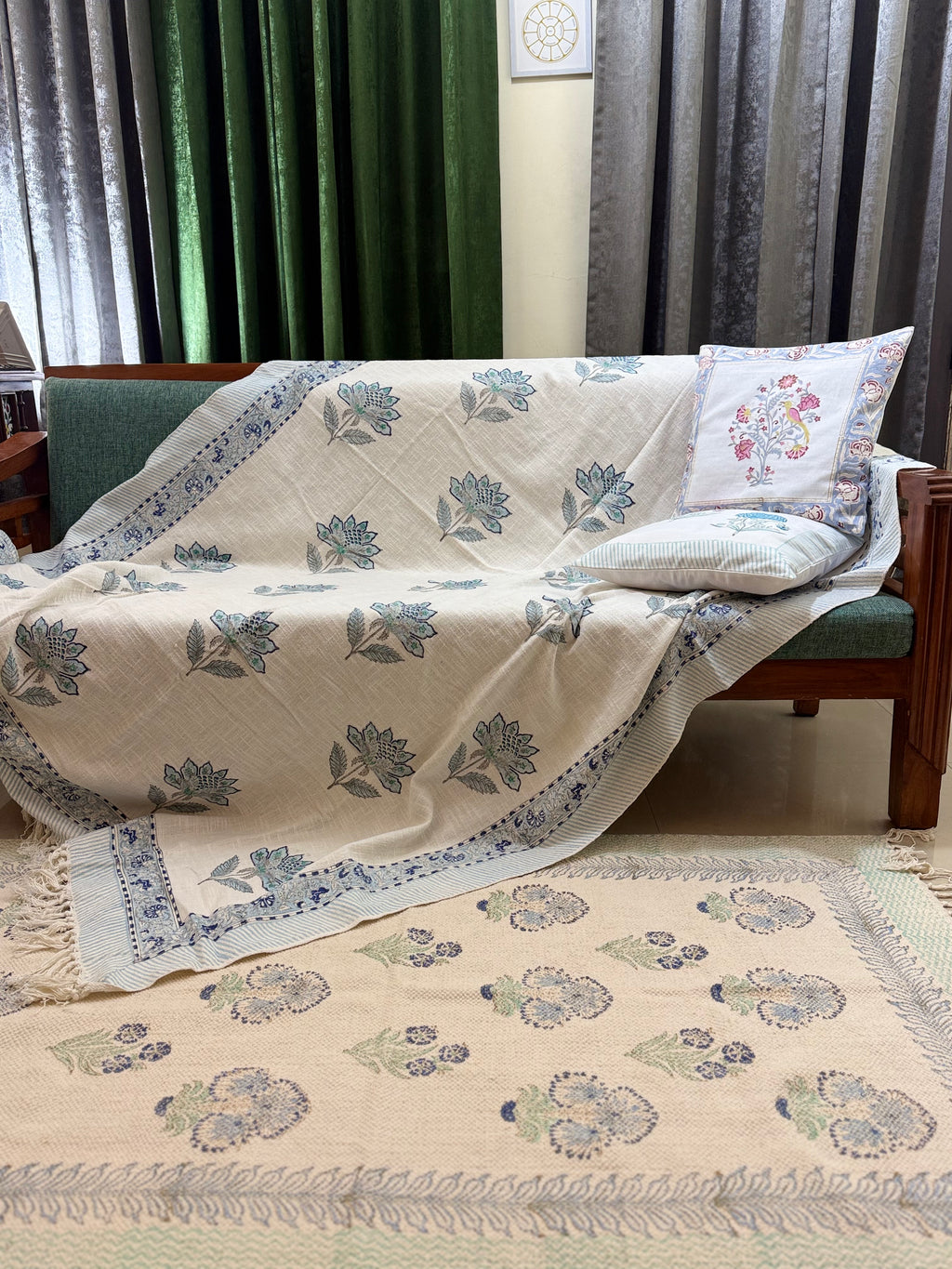 Slub Cotton Sofa Throw Floral Blue & Green Motif Print