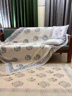 Slub Cotton Sofa Throw Floral Blue & Green Motif Print