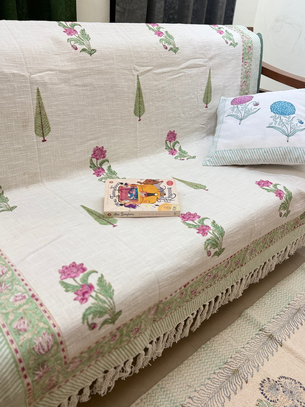Slub Cotton Sofa Throw Floral Pink & Green Print