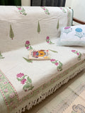 Slub Cotton Sofa Throw Floral Pink & Green Print