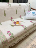 Slub Cotton Sofa Throw Floral Pink & Green Print