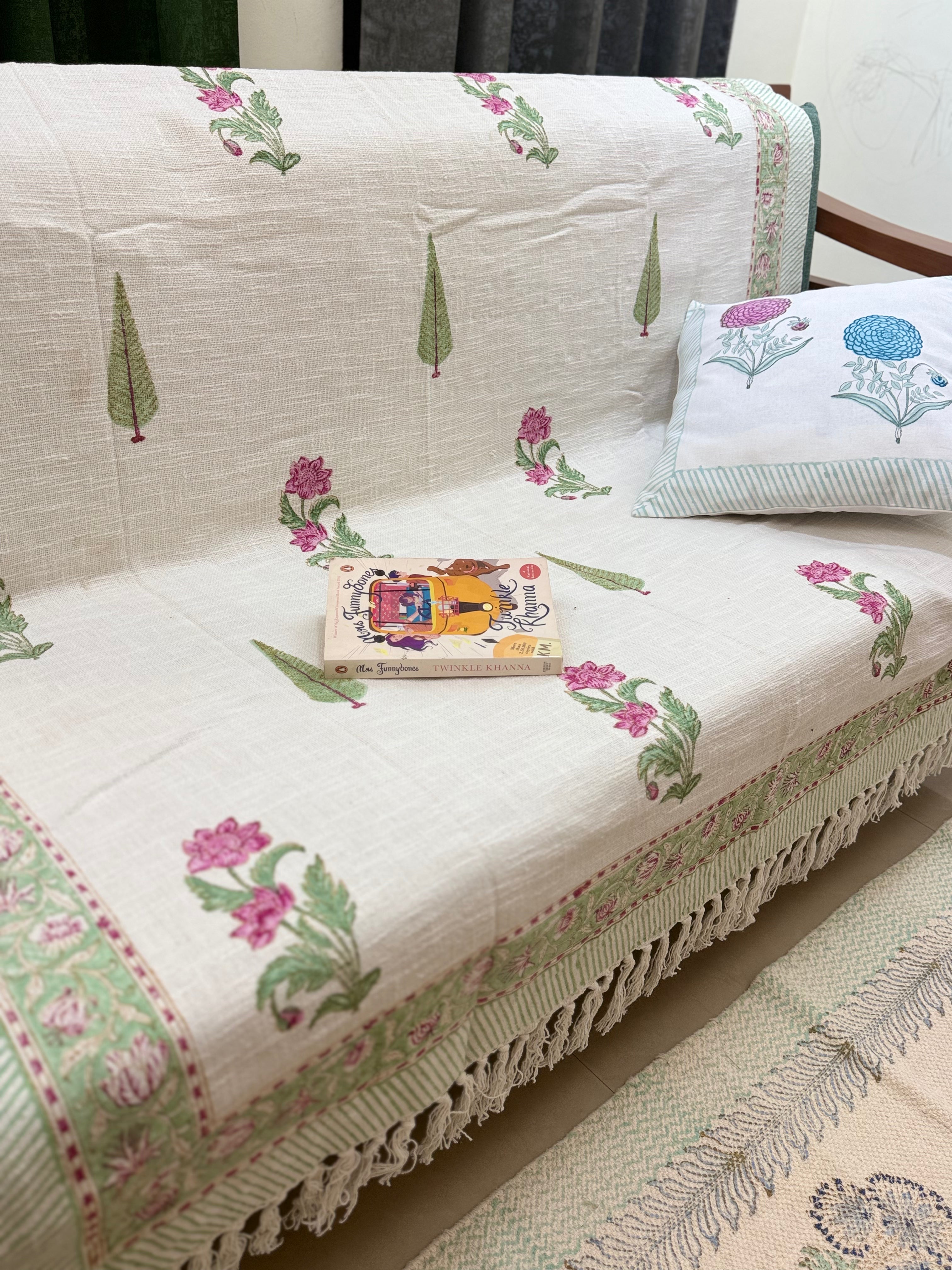 Slub Cotton Sofa Throw Floral Pink & Green Print