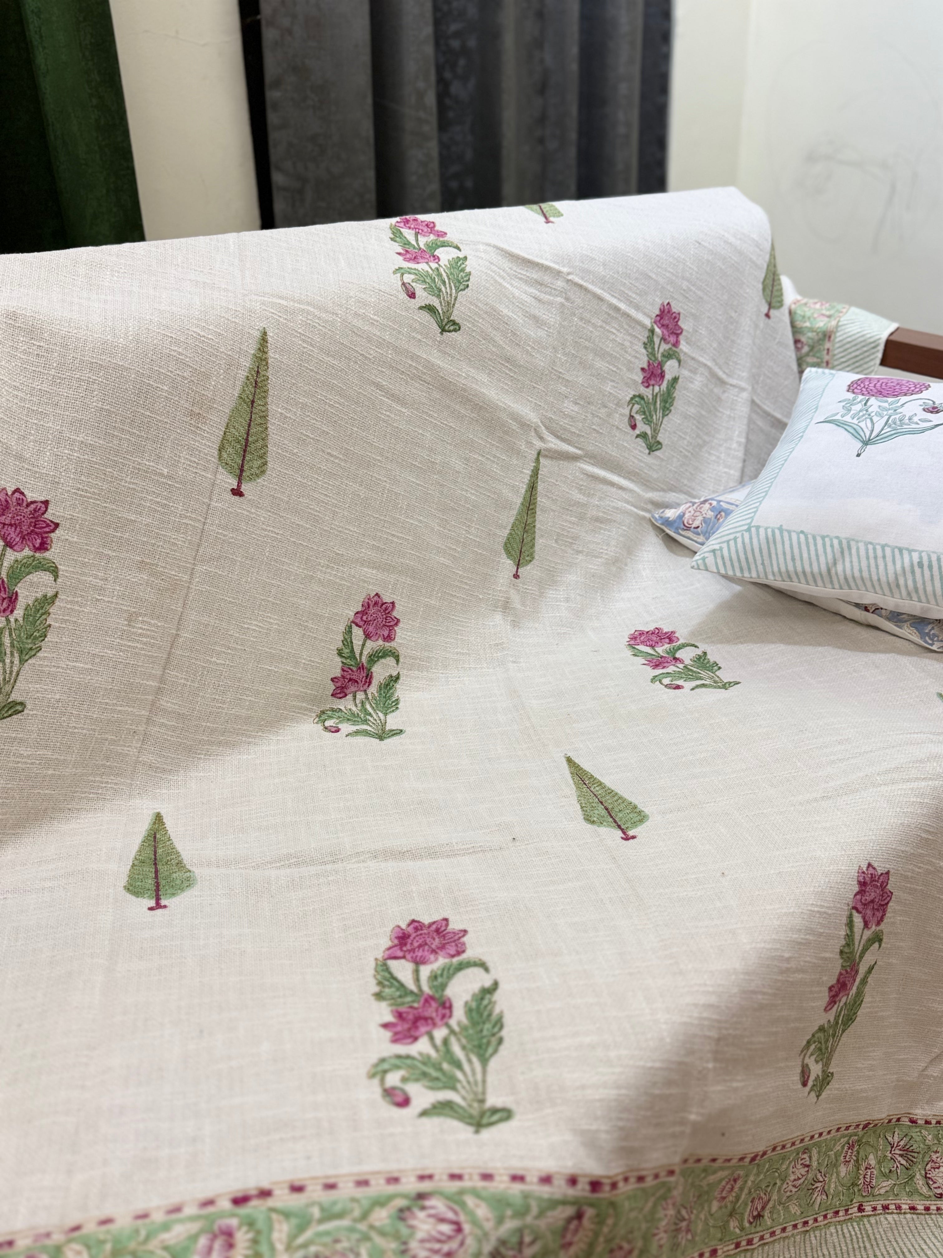 Slub Cotton Sofa Throw Floral Pink & Green Print