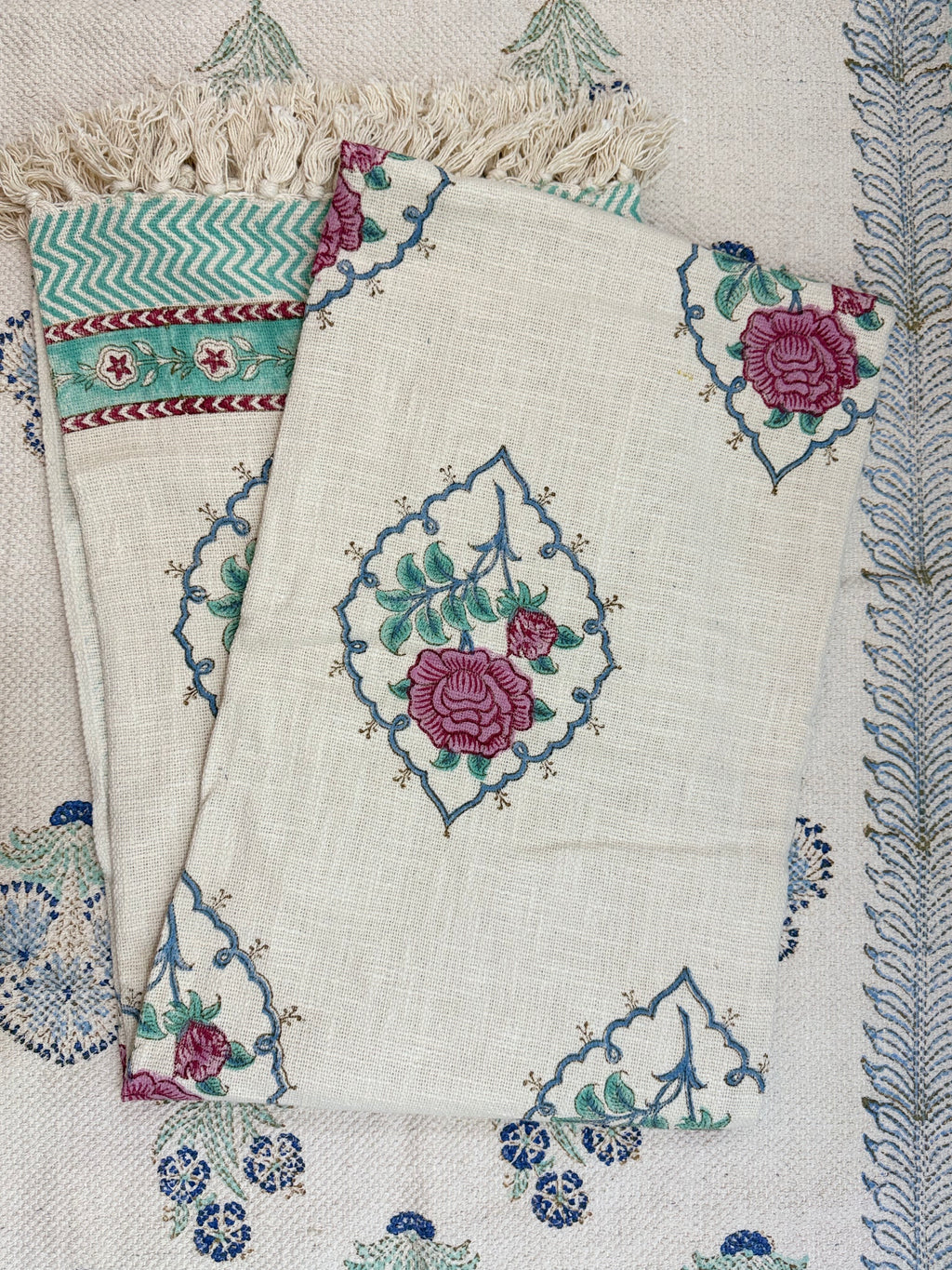Slub Cotton Sofa Throw Floral Rose Pink & Green Print